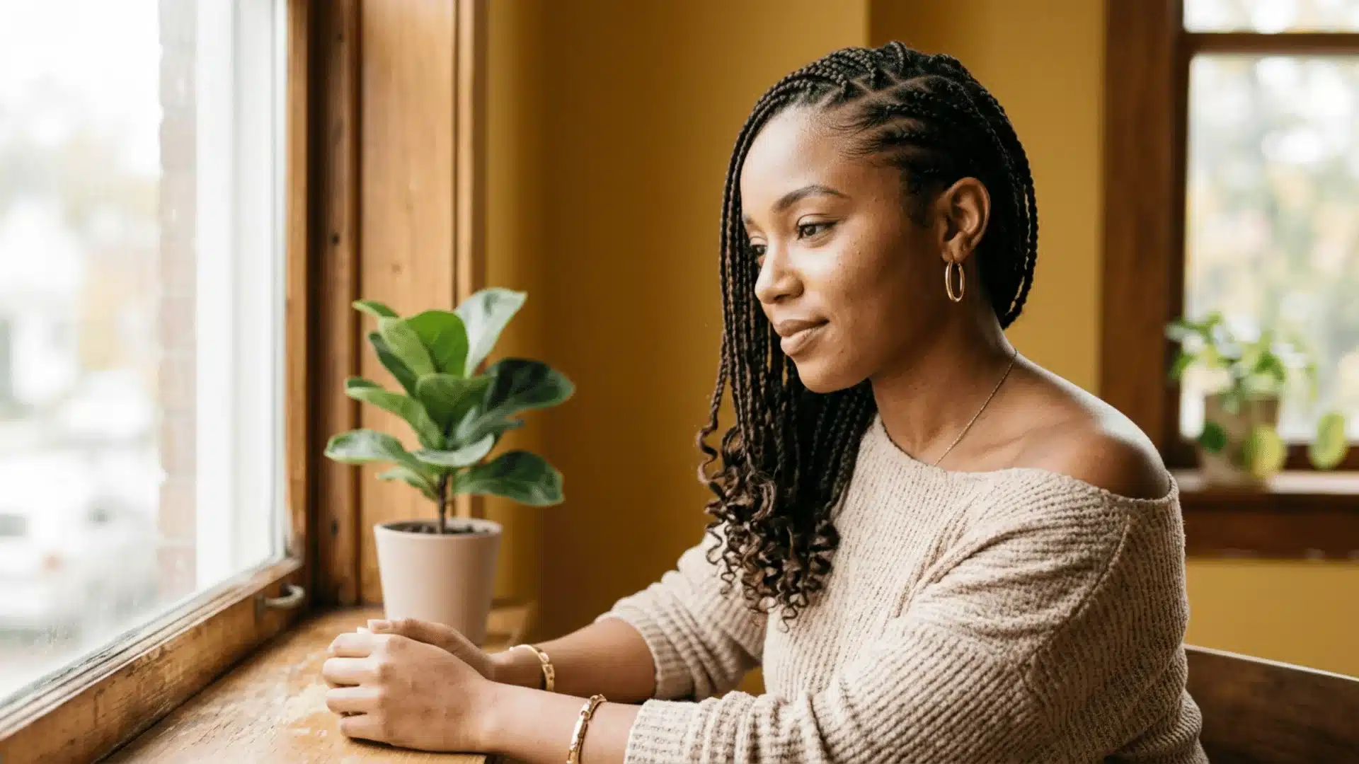 Woman with neat feed-in boho braids and small curly ends seated near a window with a mustard yellow wall