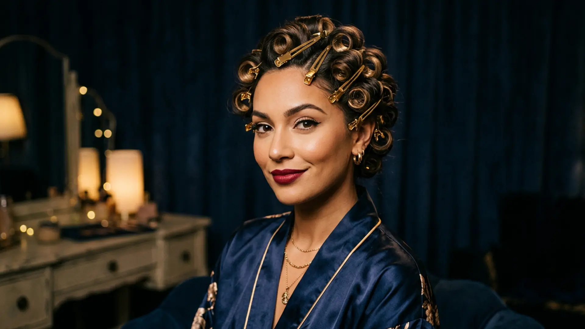 Woman with pin curls rolled and clipped for overnight hair protection