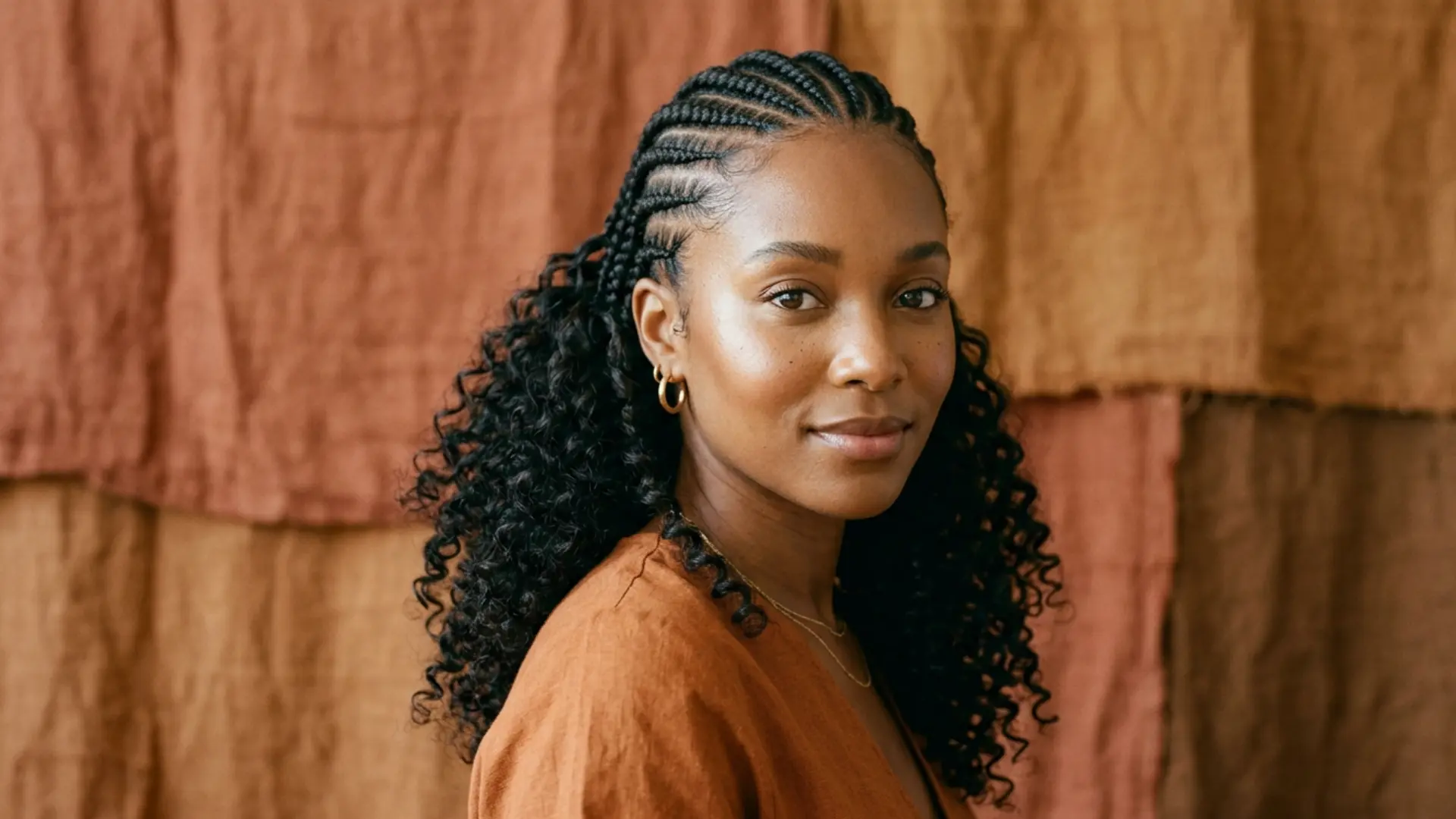 Woman with scalp cornrow braids and loose ends protective sleep style