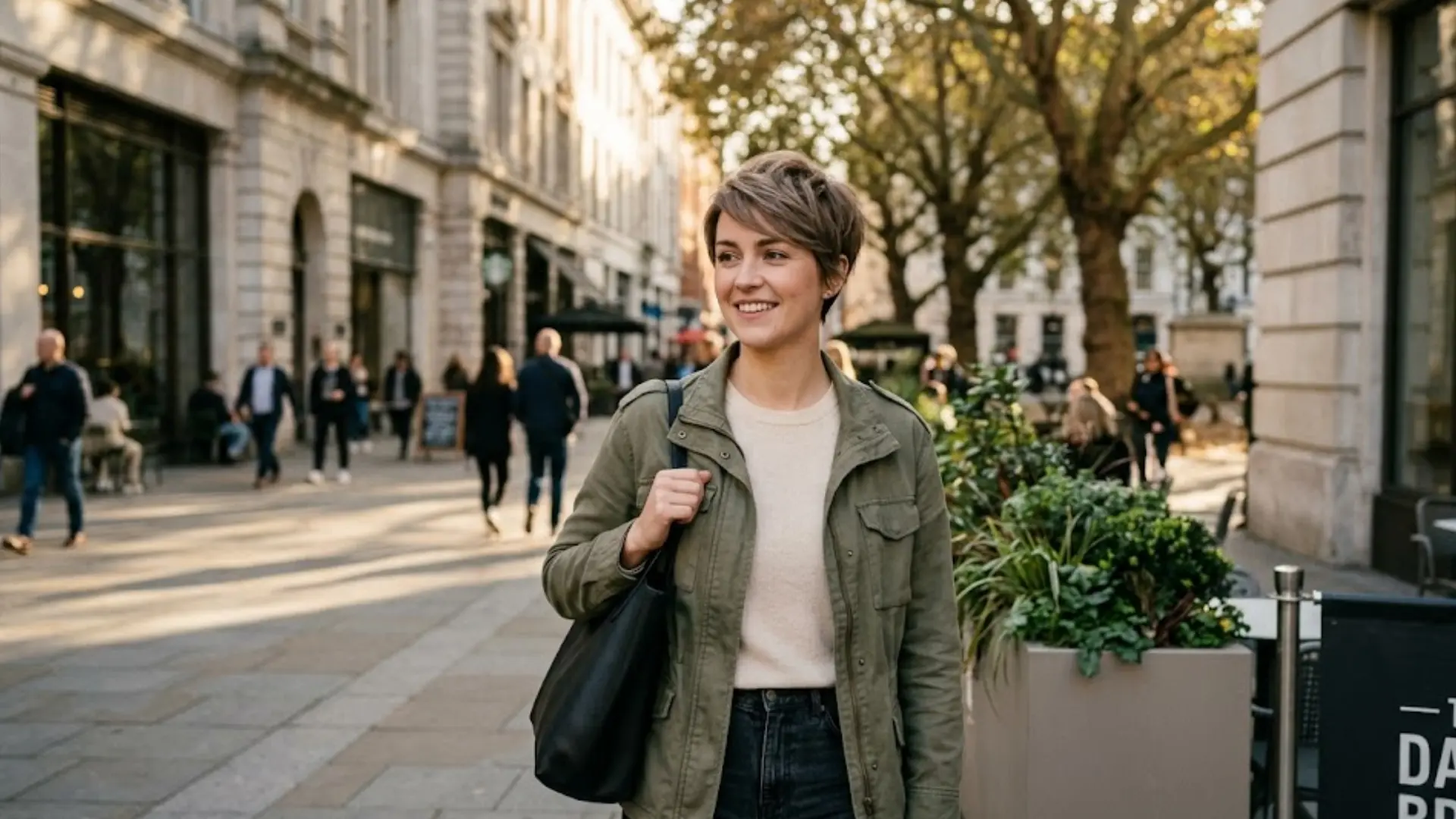 Woman with short textured pixie cut walking on a city street in green jacket