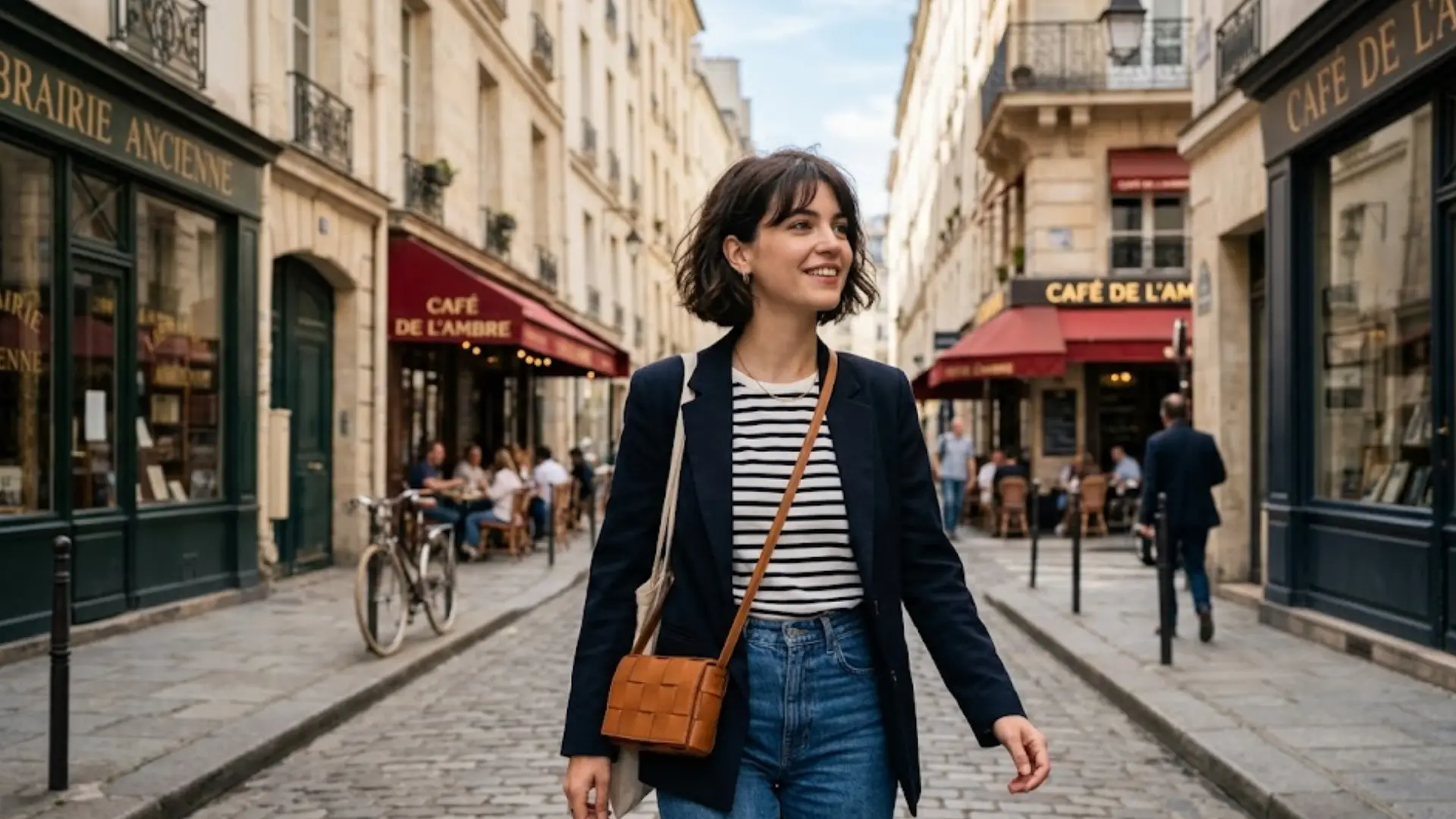 Woman with short wavy french bob and bangs walking through a Paris street