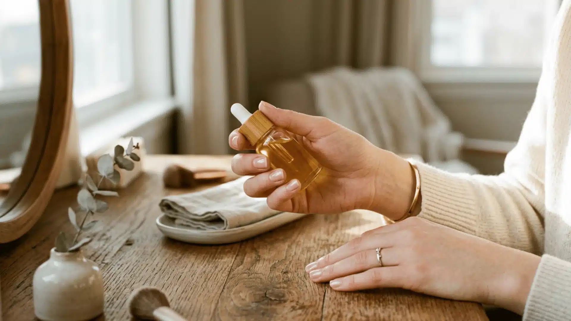 Woman applying cuticle oil to maintain nail health after dip powder manicure