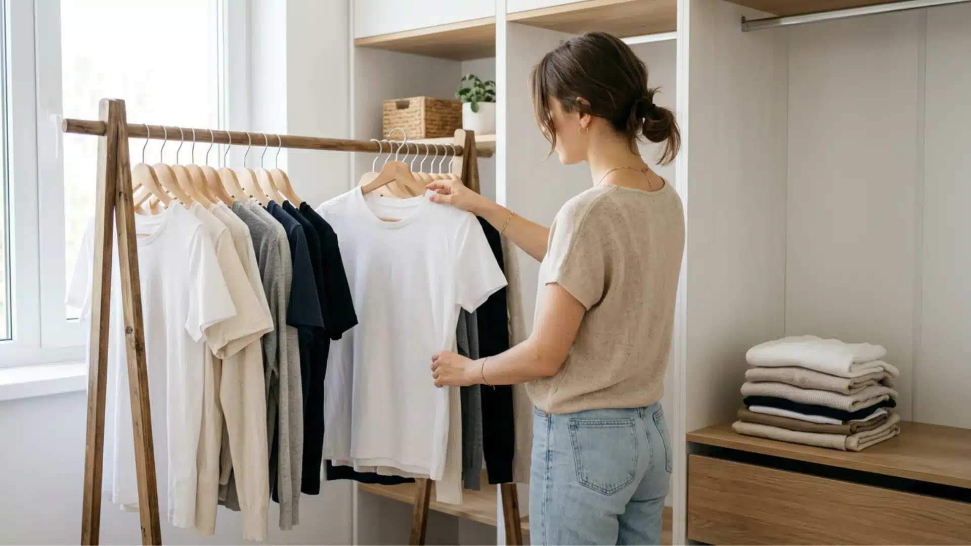 Woman from behind browsing through basic t-shirts and sweaters on a wooden clothing rack