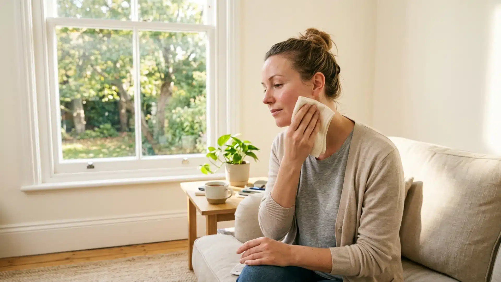 Woman gently cleansing her face during IPL aftercare at home
