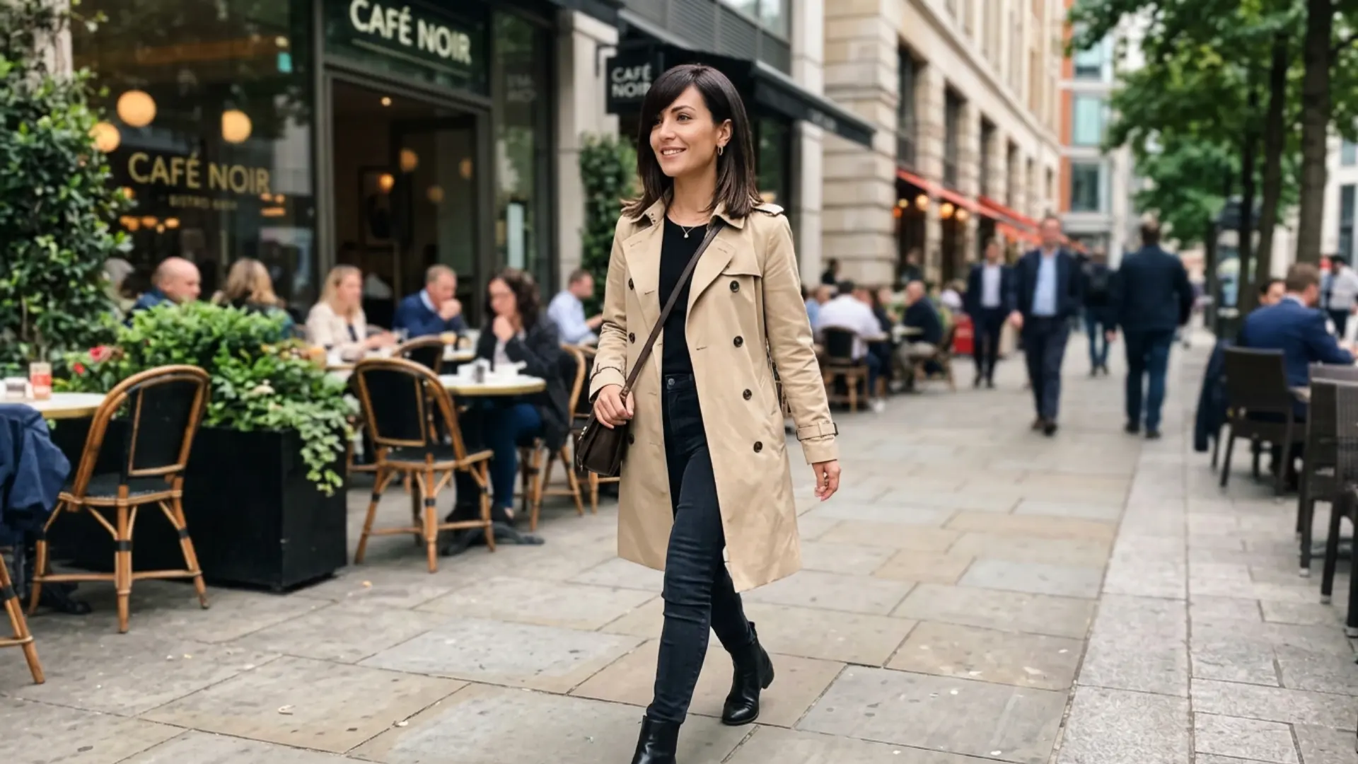 Woman in a beige trench coat walking past outdoor cafes on a busy city street with side-swept fringe haircut