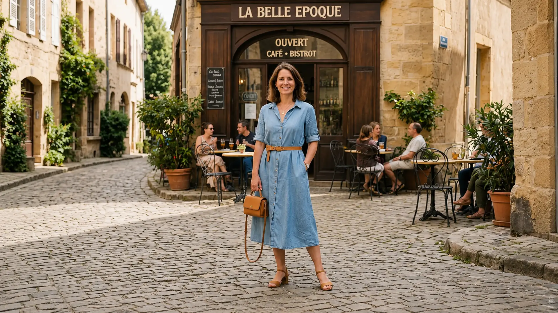 Woman in a belted midi shirt dress with block heels outside a cafe on a cobblestone street, brunch look
