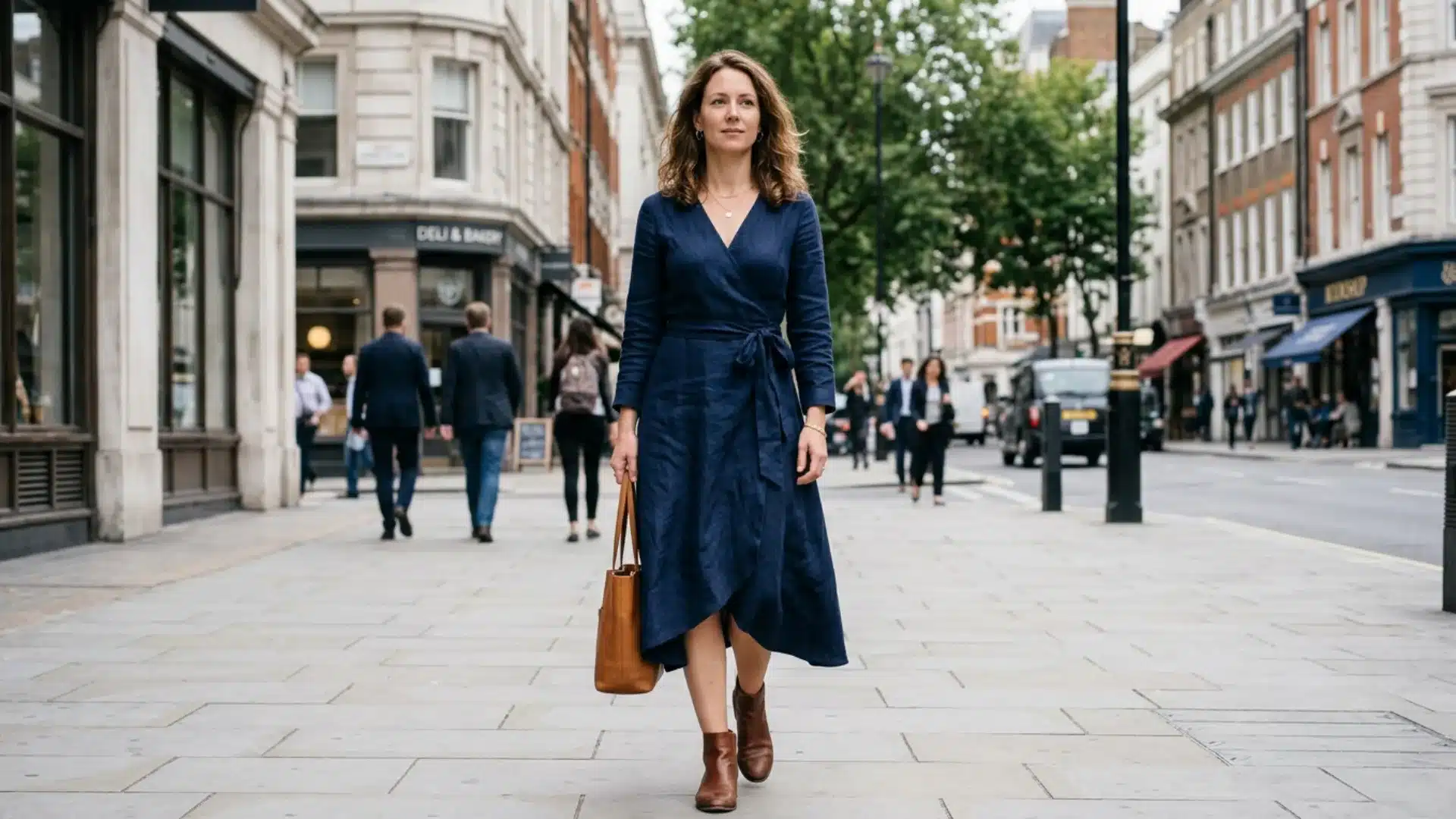 Woman in a blue wrap dress and boots walks down a city sidewalk carrying a brown tote bag