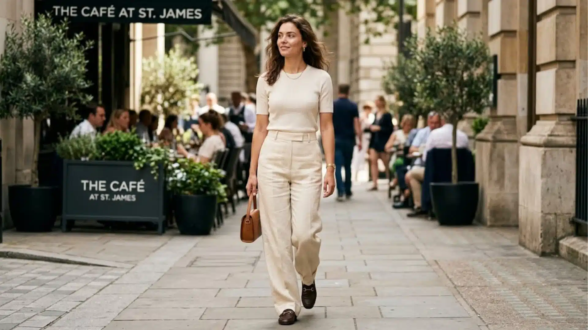 Woman in a cream knit top and linen trousers walking down a city street in image_0a484f.jpg.