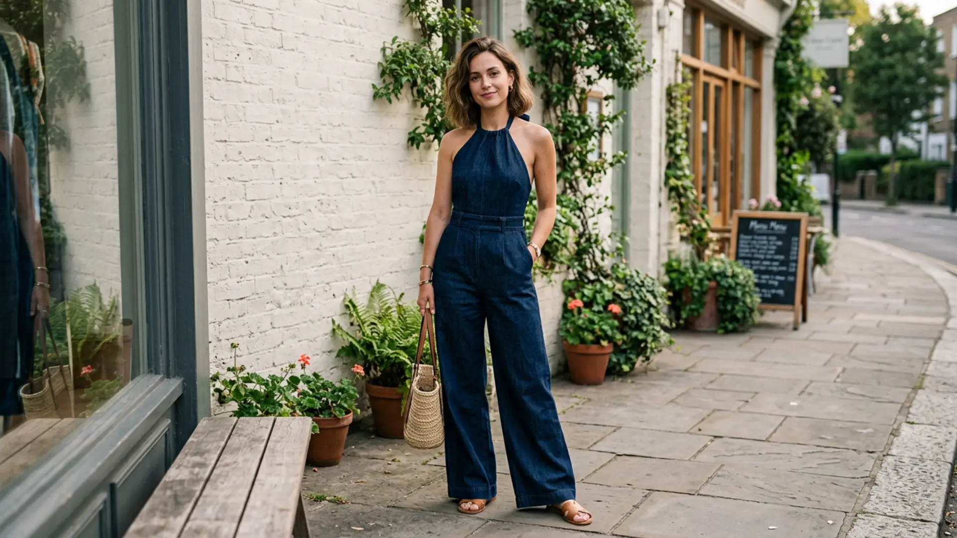 Woman in a dark denim halter jumpsuit posing on a city sidewalk holding a straw bag