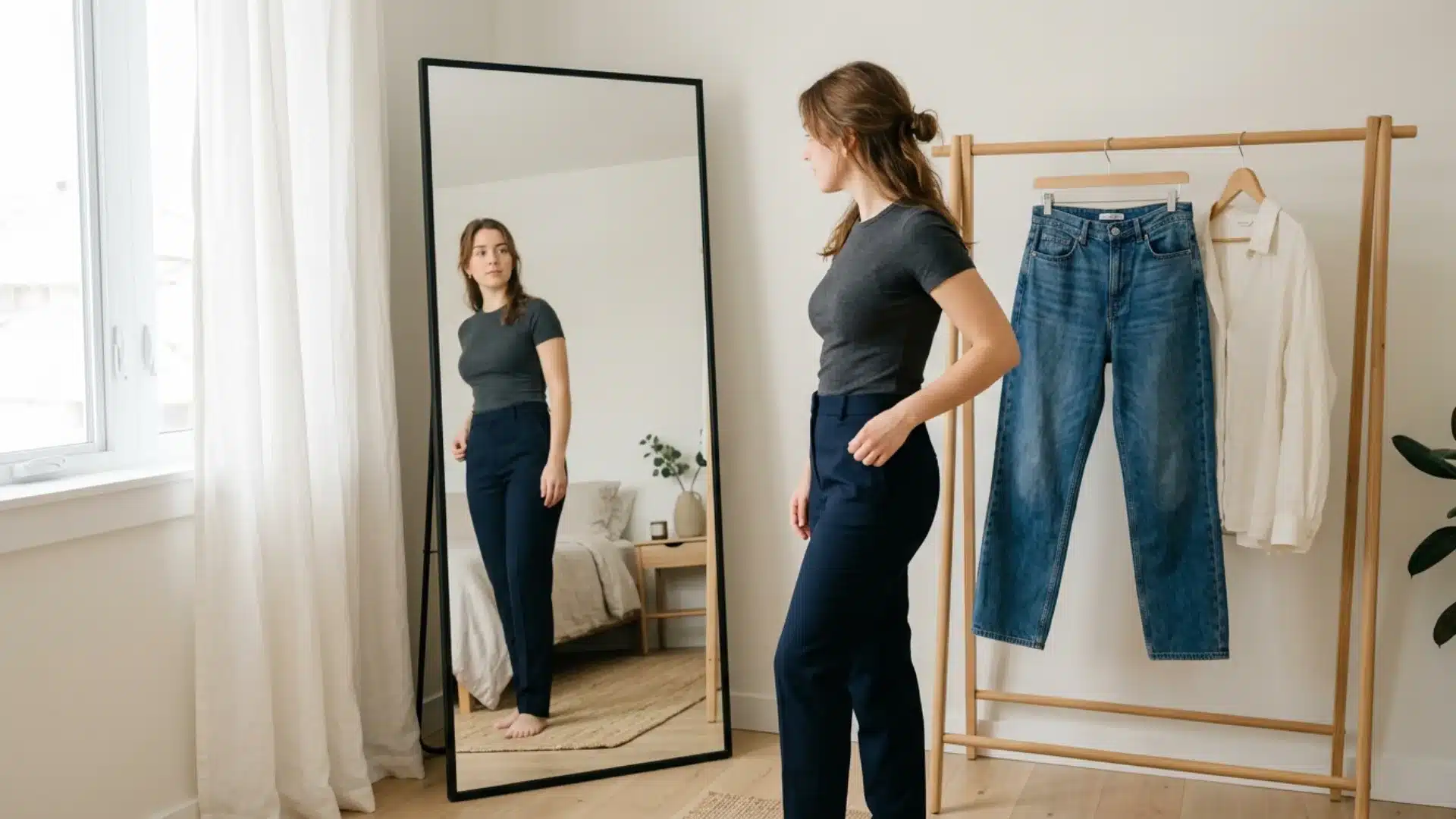 Woman in a grey t-shirt and navy trousers looking at her reflection in a full-length mirror next to a clothing rack