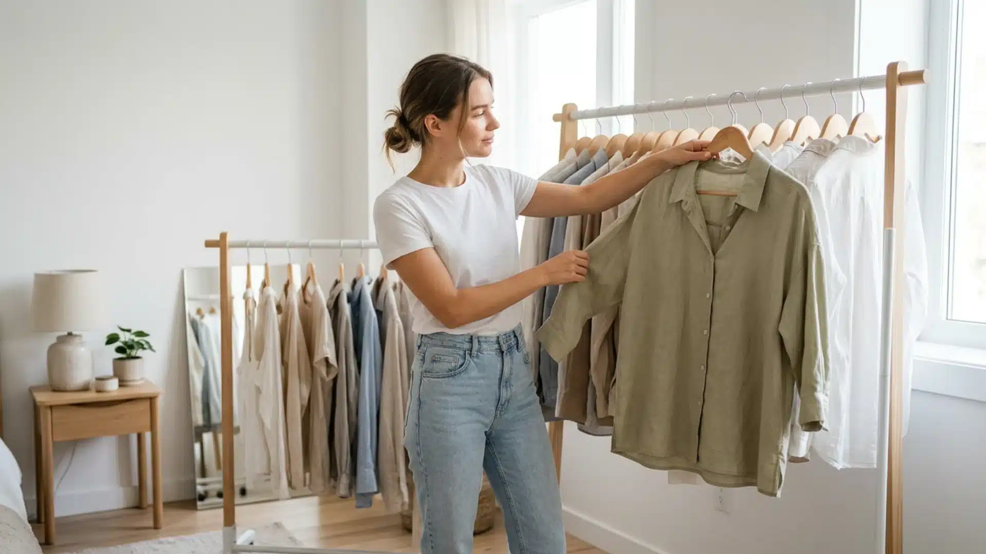 Woman in a white t-shirt and jeans choosing an olive green button-down shirt from a clothing rack