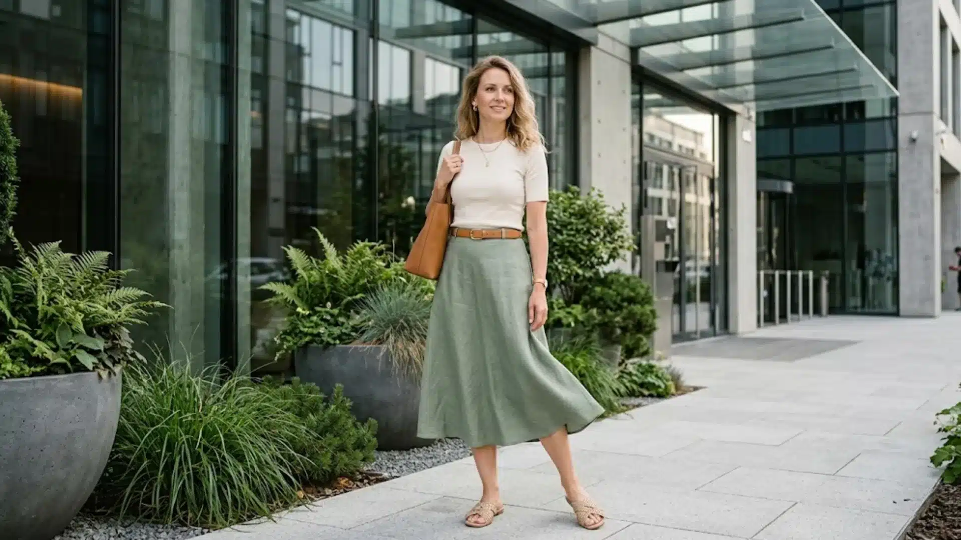 Woman in cream top and sage midi skirt walking outside a modern office building