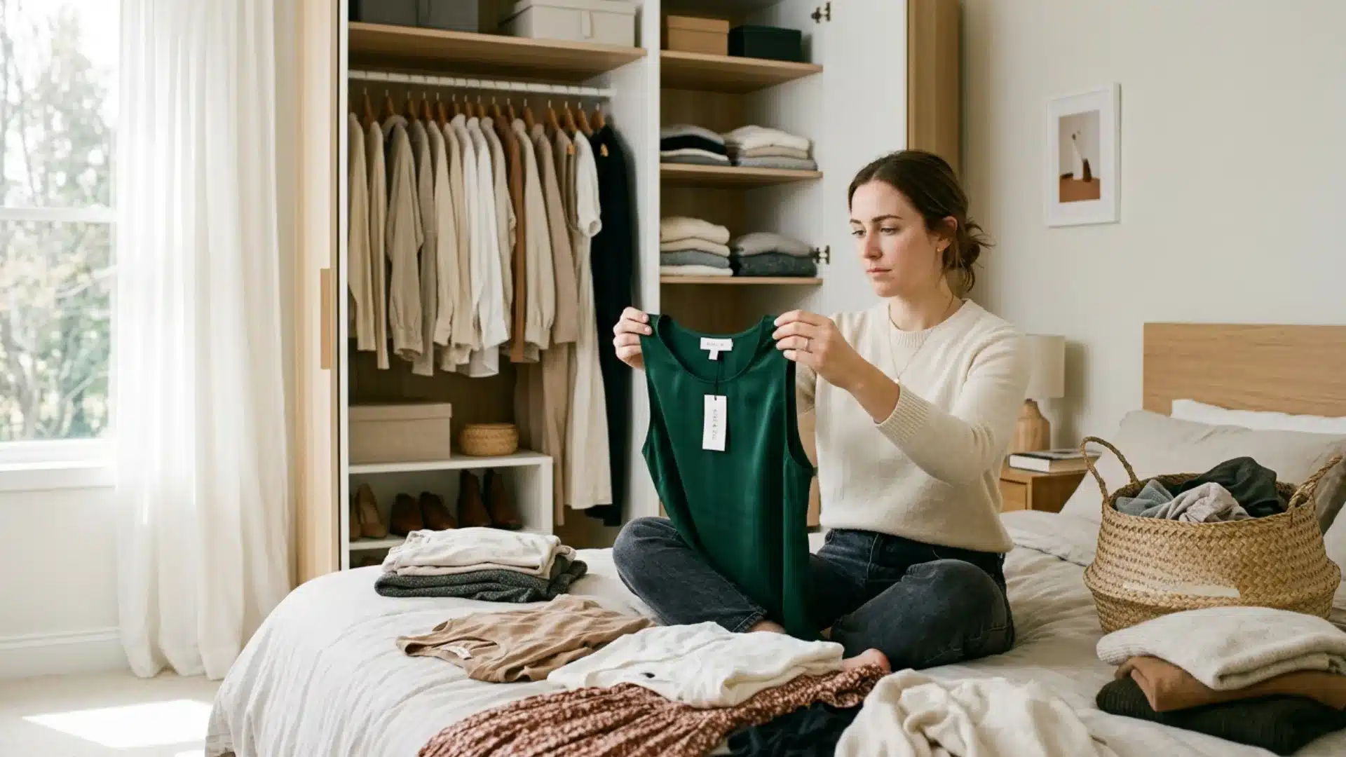 Woman sitting on a bed holding up a green top while organizing clothes near an open closet
