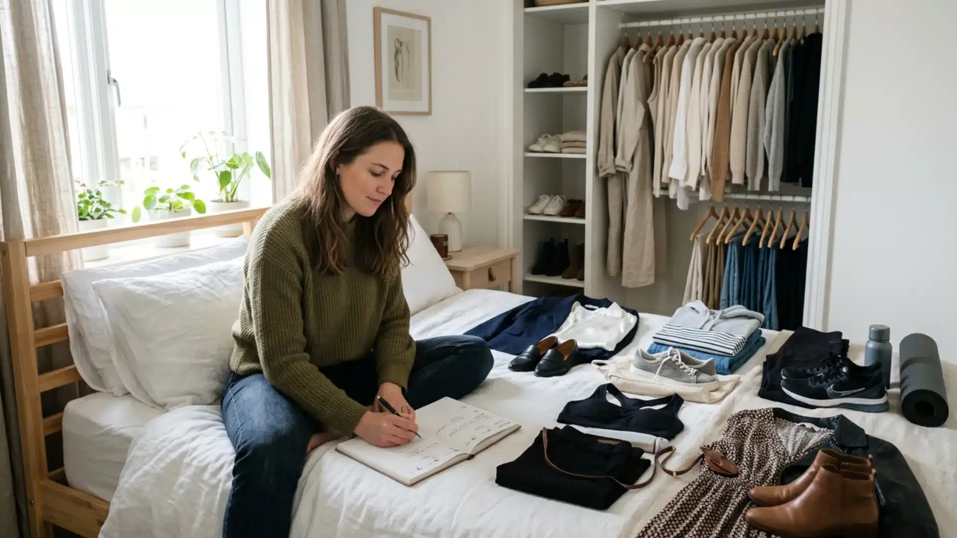 Woman sitting on a bed writing in a notebook next to organized piles of clothes, shoes, and a yoga mat