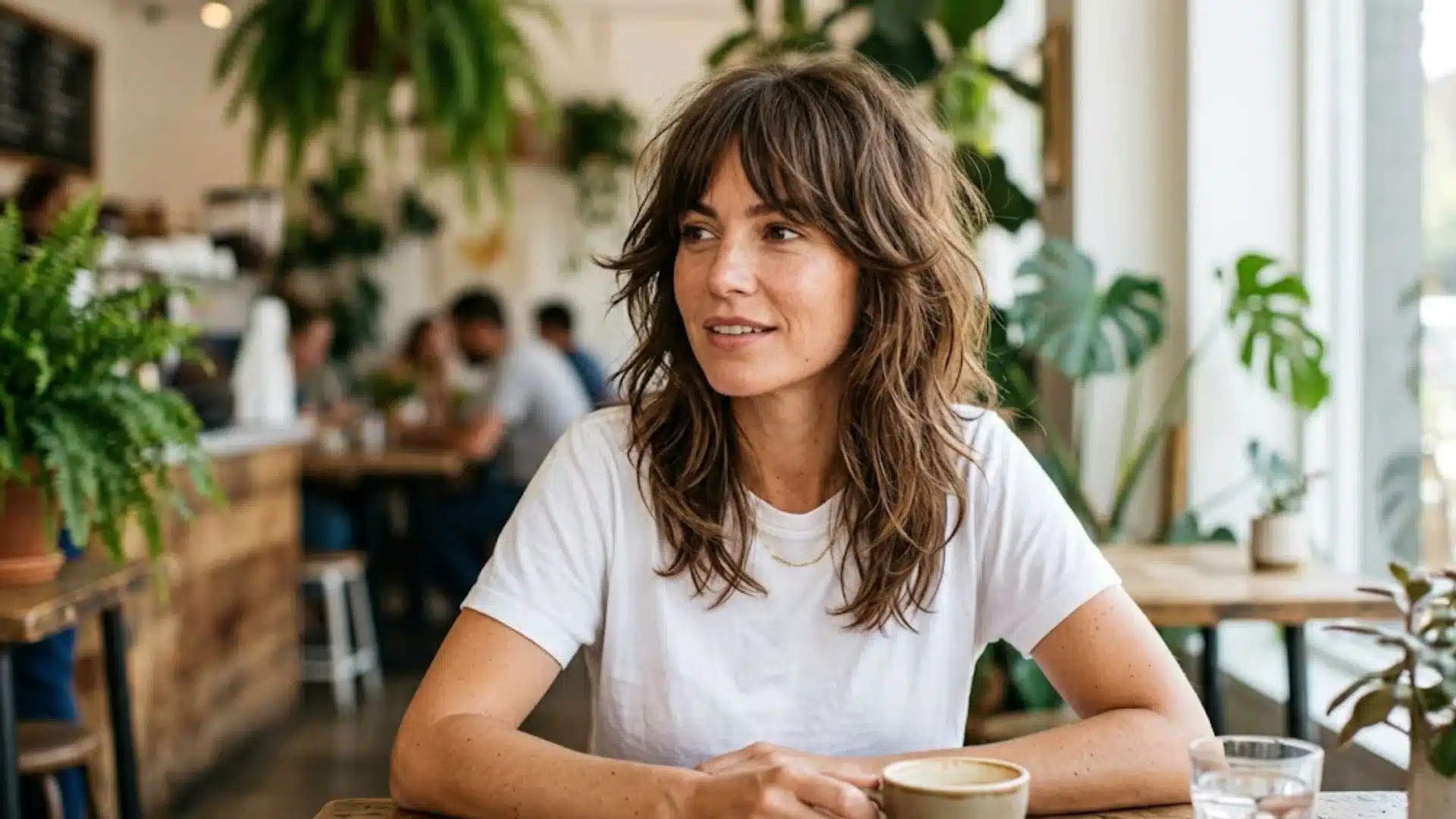 Woman with a brown shag haircut and a white shirt sitting at a table in a bright, plant-filled cafe..005