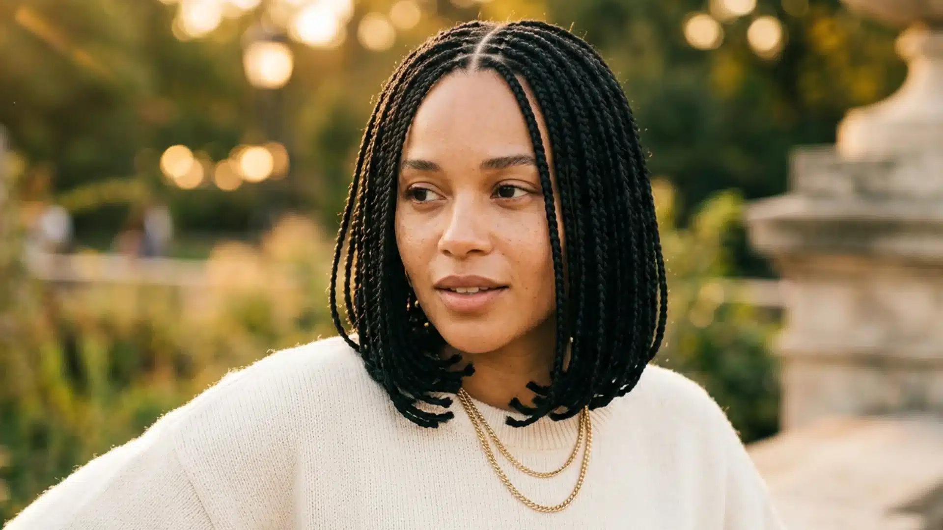 Woman with a sleek box braided bob haircut looking to the side outdoors, wearing a white sweater and gold chains