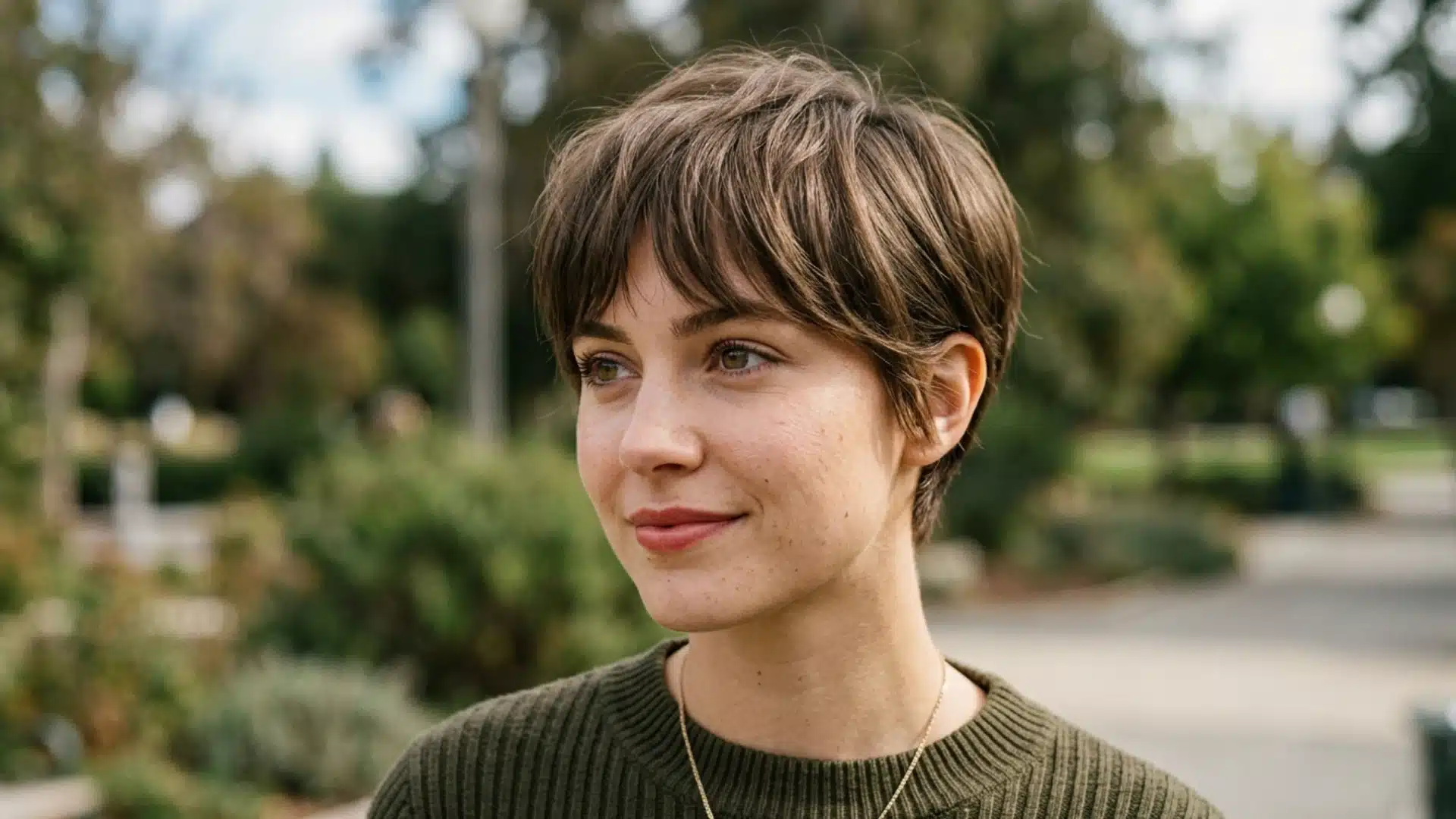 Woman with short brown pixie haircut and soft bangs standing outdoors in a green park setting