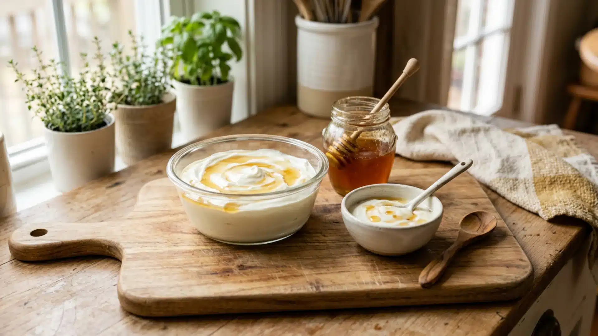 Yogurt and honey smoothing hair mask on wood