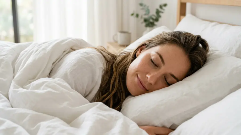 Young adult woman sleeping peacefully in a bright white bed