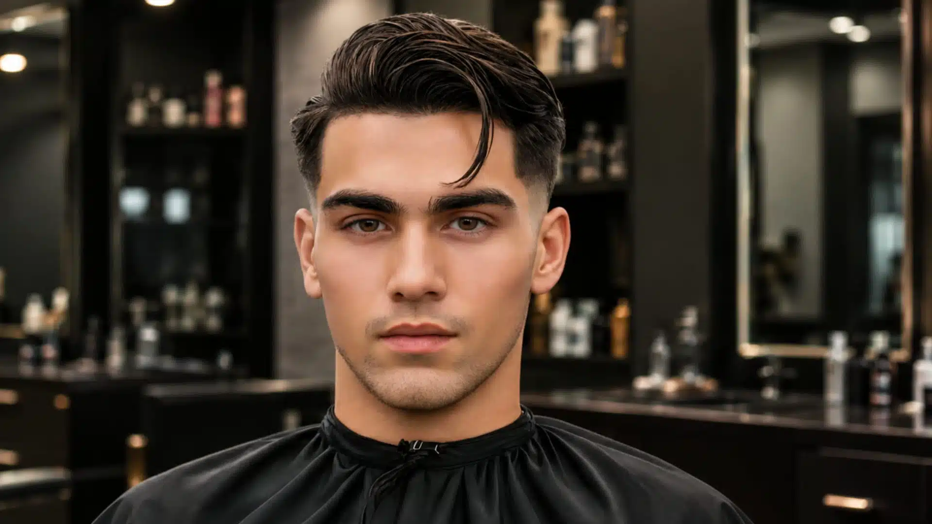 young man in a barbershop with a modern pompadour haircut and a single lock falling on his forehead