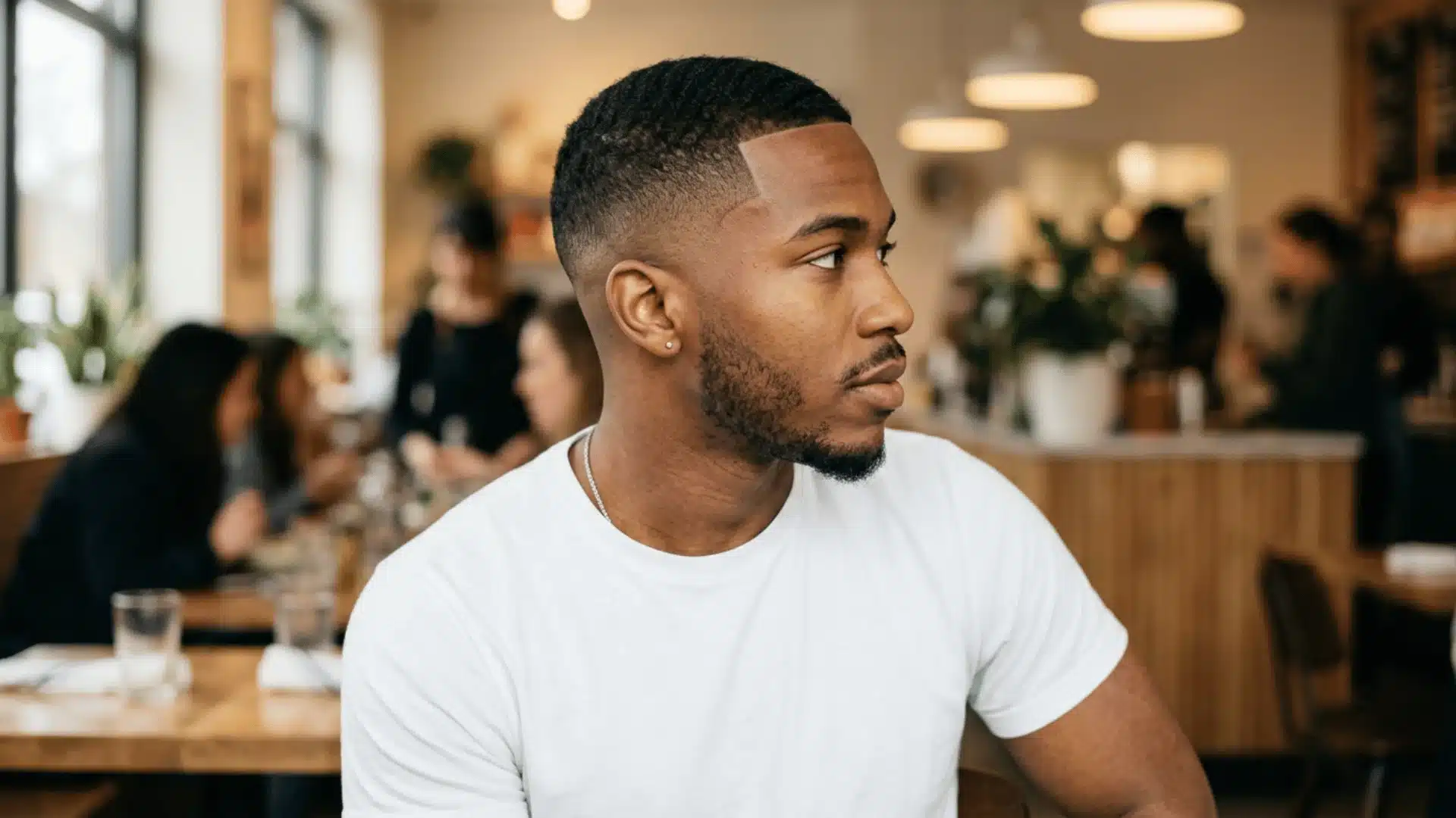 Young man with a burst fade buzz cut featuring a rounded fade around the ears