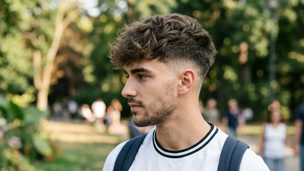 Young man with textured curly fade haircut and trimmed beard standing outdoors in a park