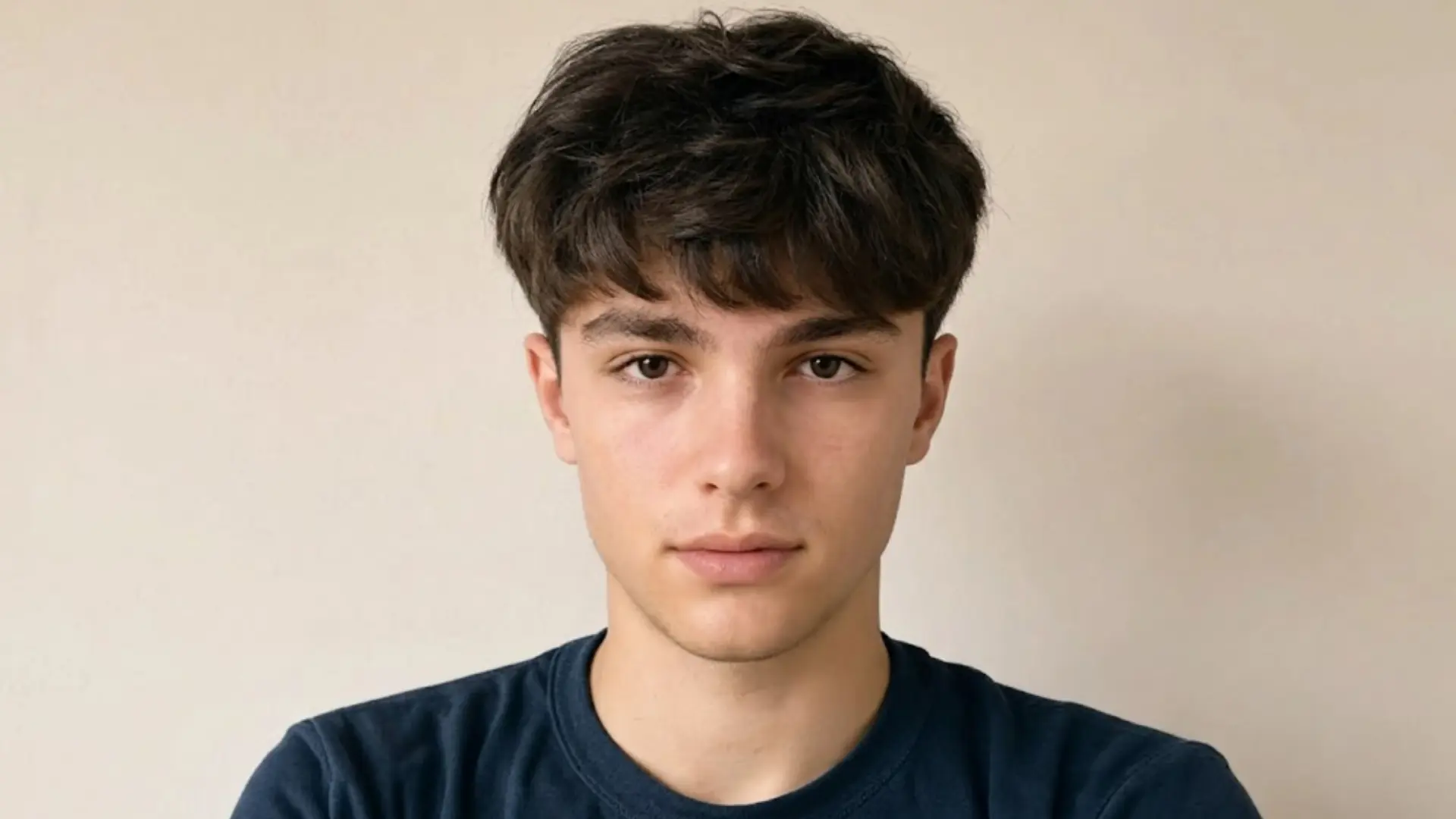 Young man with thick textured dark hair and soft fringe, facing the camera against a neutral background