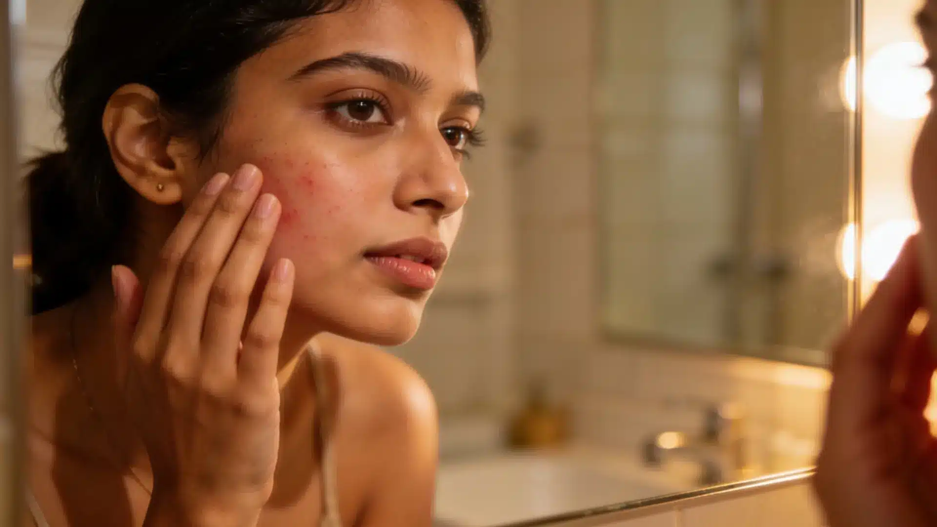 Young woman examining acne-prone skin in bathroom mirror during skincare routine
