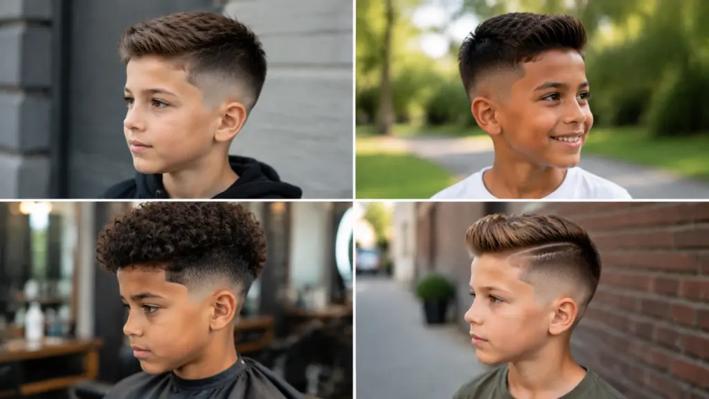 four boys showing different fade haircuts including textured fade curly fade and modern styles in a collage layout
