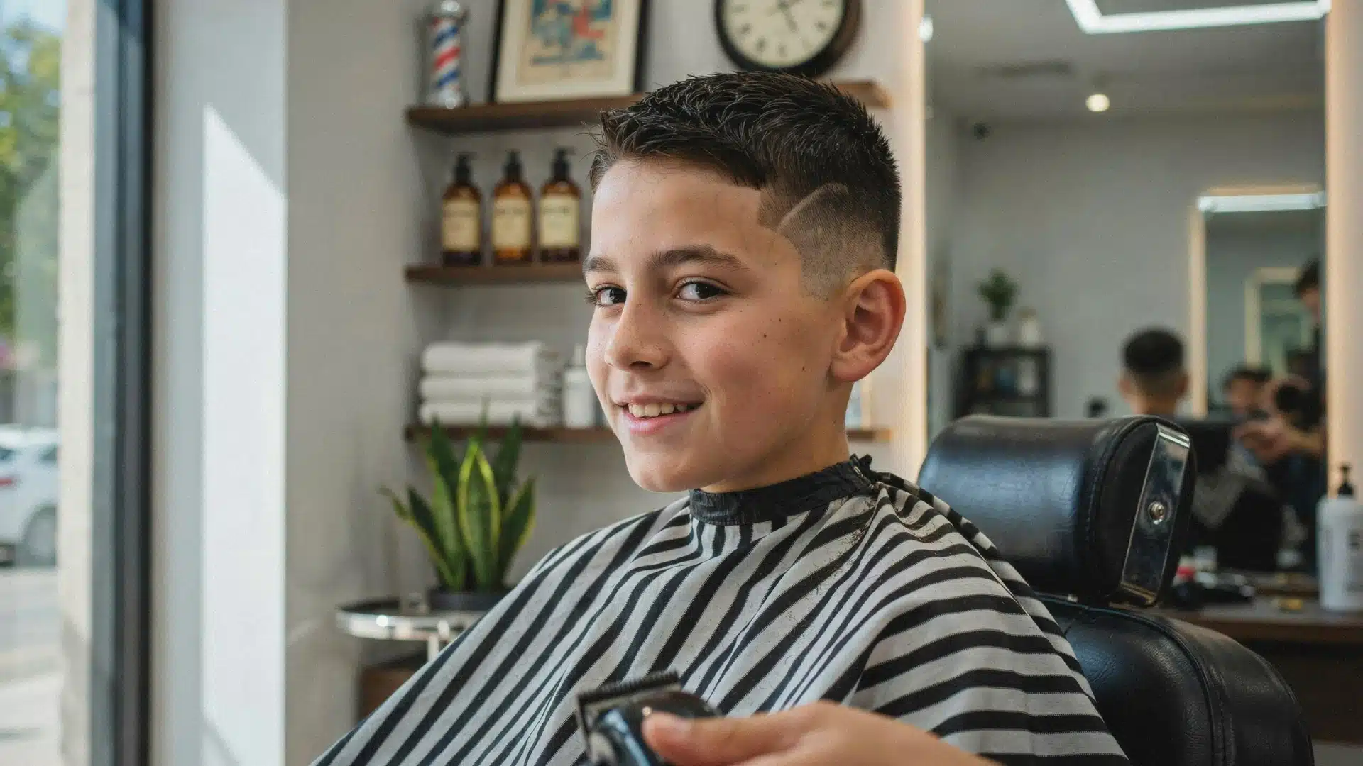 10 year old boy with a fade haircut featuring a simple shaved line near the temple