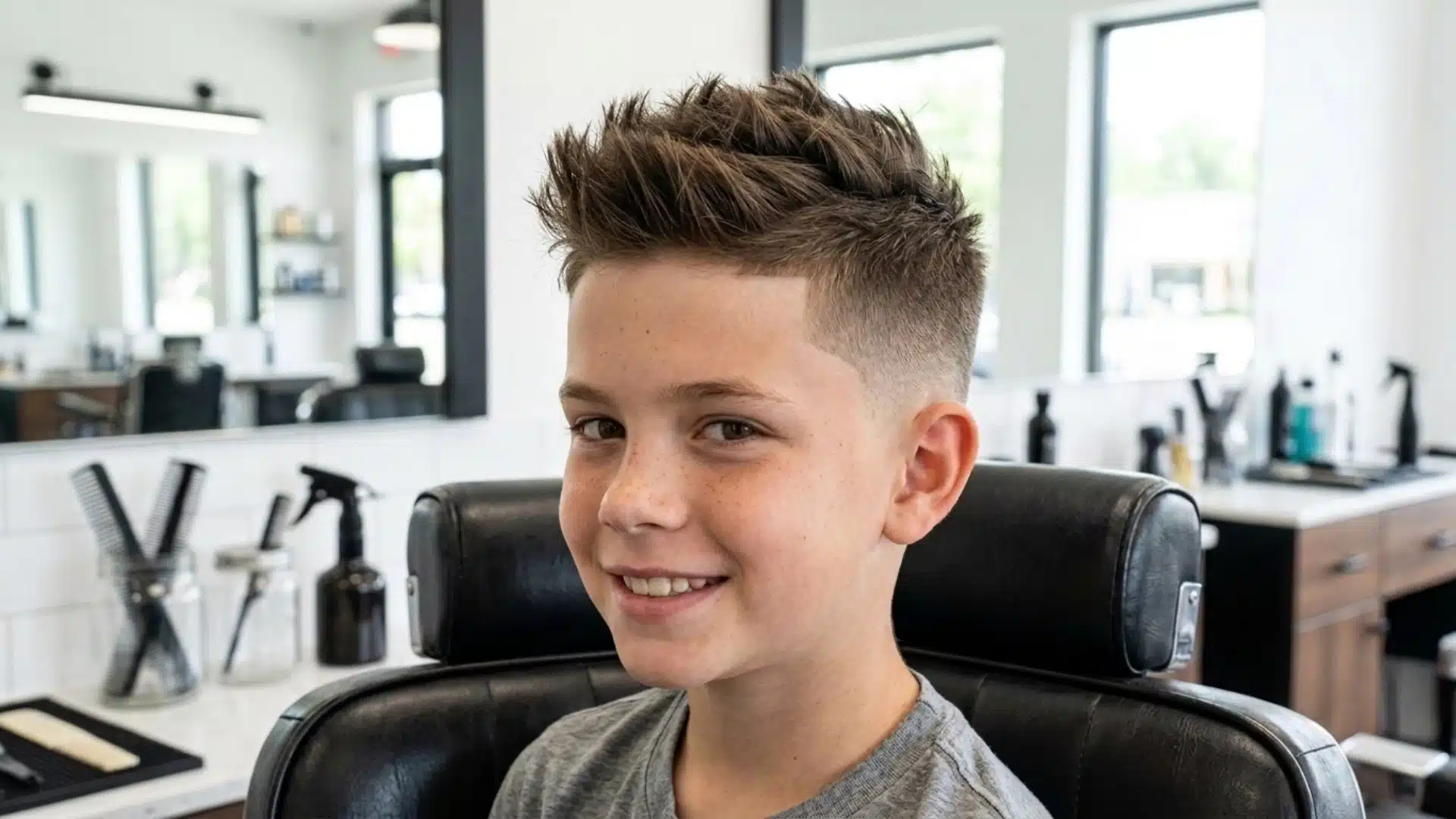 10 year old boy with a faux hawk fade and textured center section styled upward