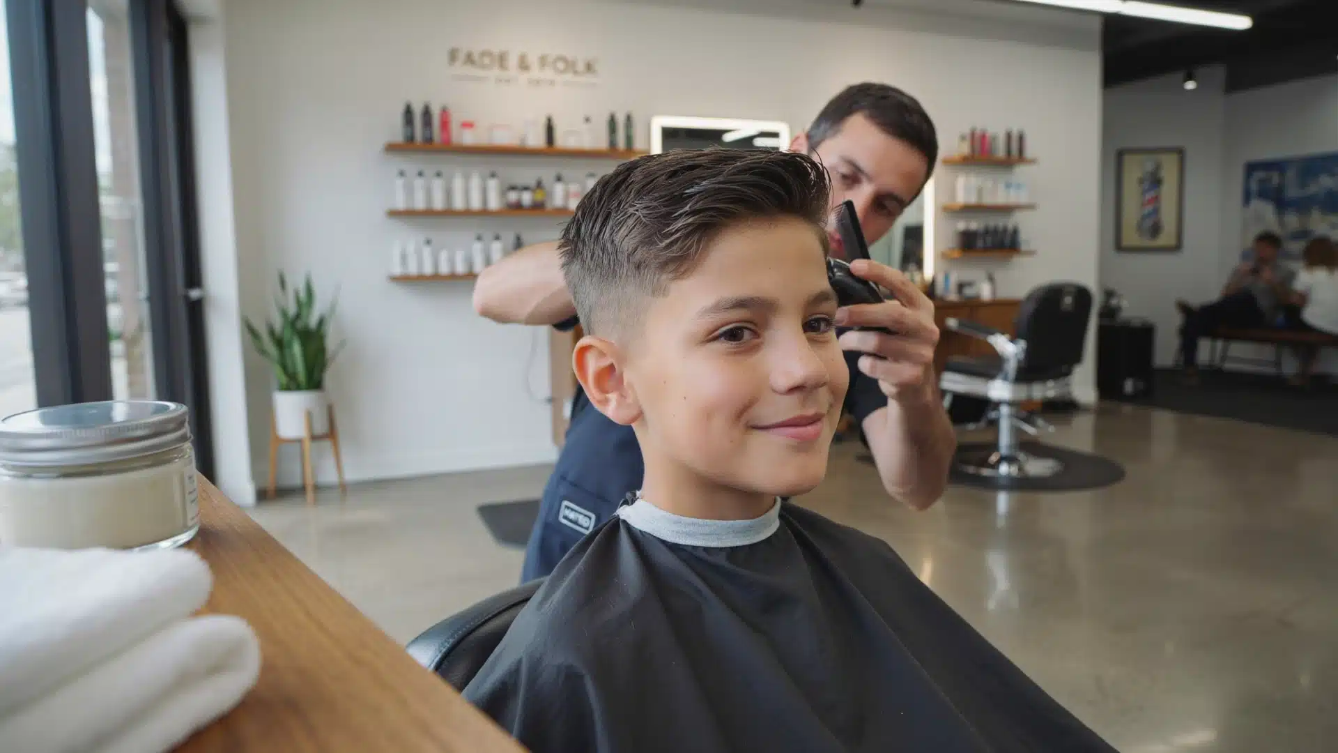 10 year old boy with a low fade and longer textured hair on top in a modern barbershop