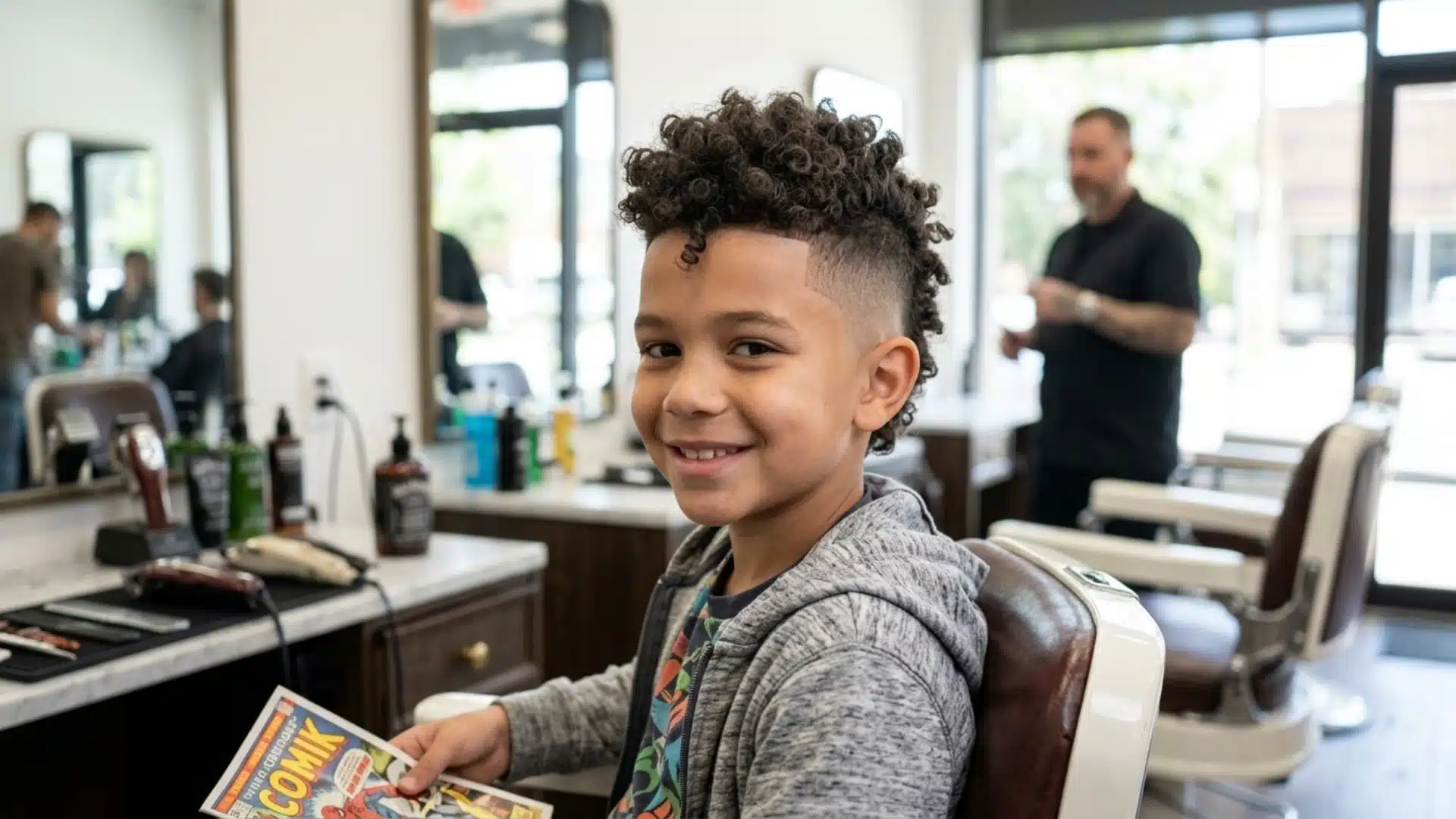 10 year old boy with a mohawk fade featuring longer textured hair along the center