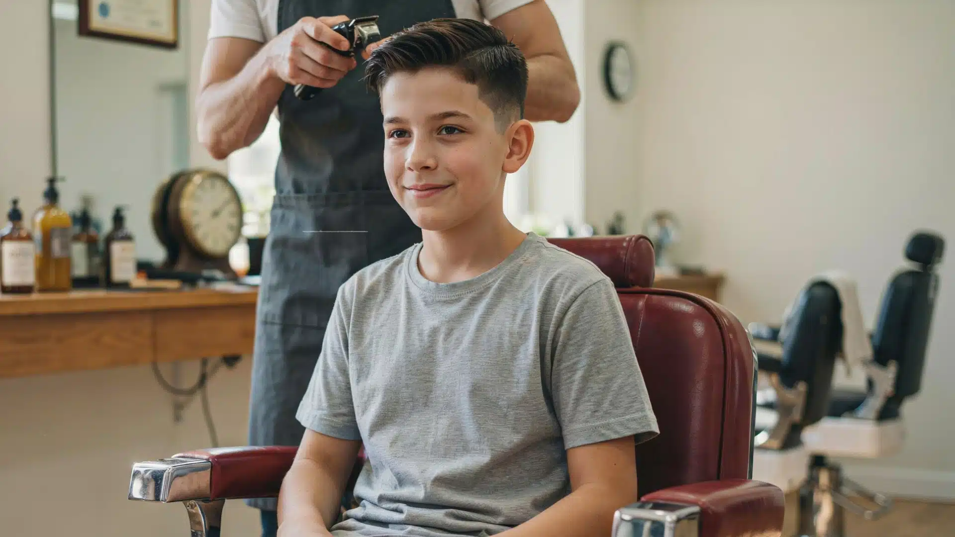 10 year old boy with straight hair wearing a neat comb over fade hairstyle