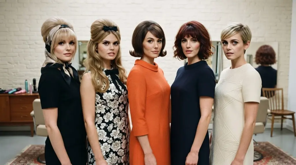 five white american women with iconic 1960s hairstyles in salon