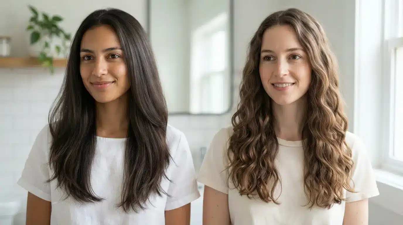 1c vs 2a hair comparison showing straight textured strands and loose natural waves with different patterns and volume