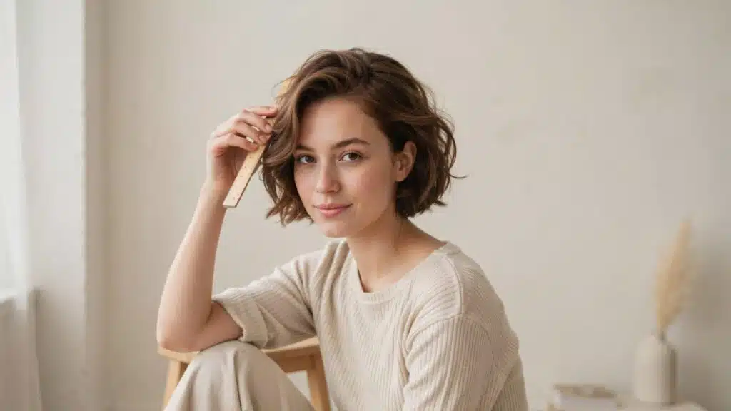 woman with two inch wavy hair sitting and holding a ruler for hair length comparison