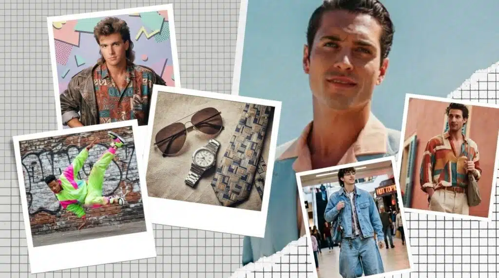 80s fashion men retro outfit collage featuring pastel suit denim jacket and printed shirt styles