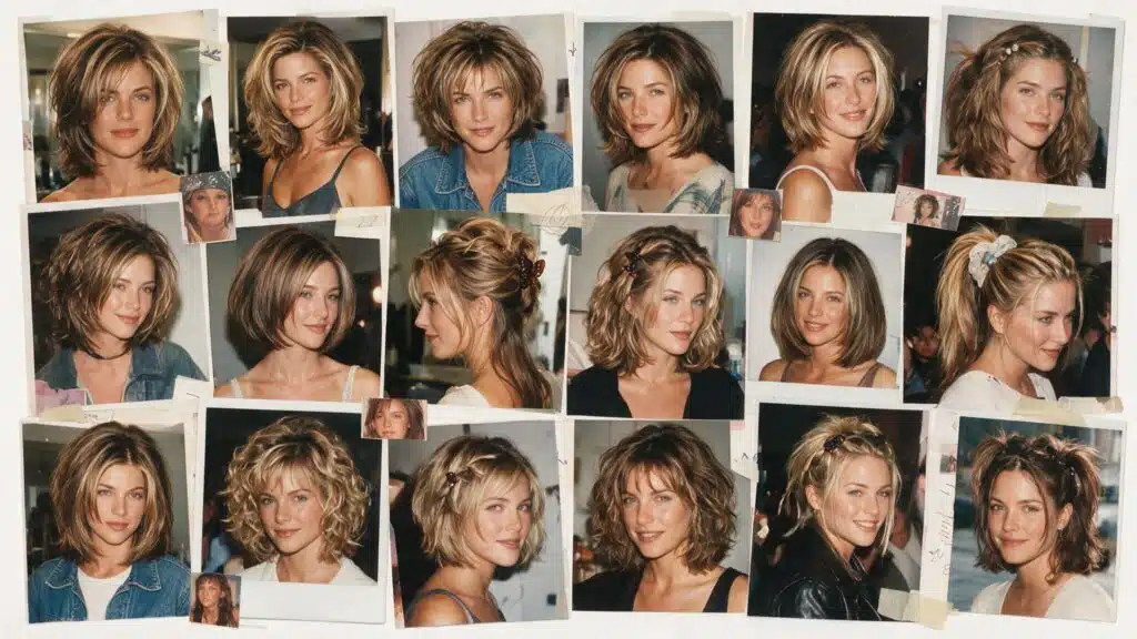 90s hairstyle collage featuring real women with layered Rachel cuts, supermodel blowouts, shag haircuts, bobs, pixie cuts, crimped waves, and vintage hair accessories in a handmade retro moodboard style.