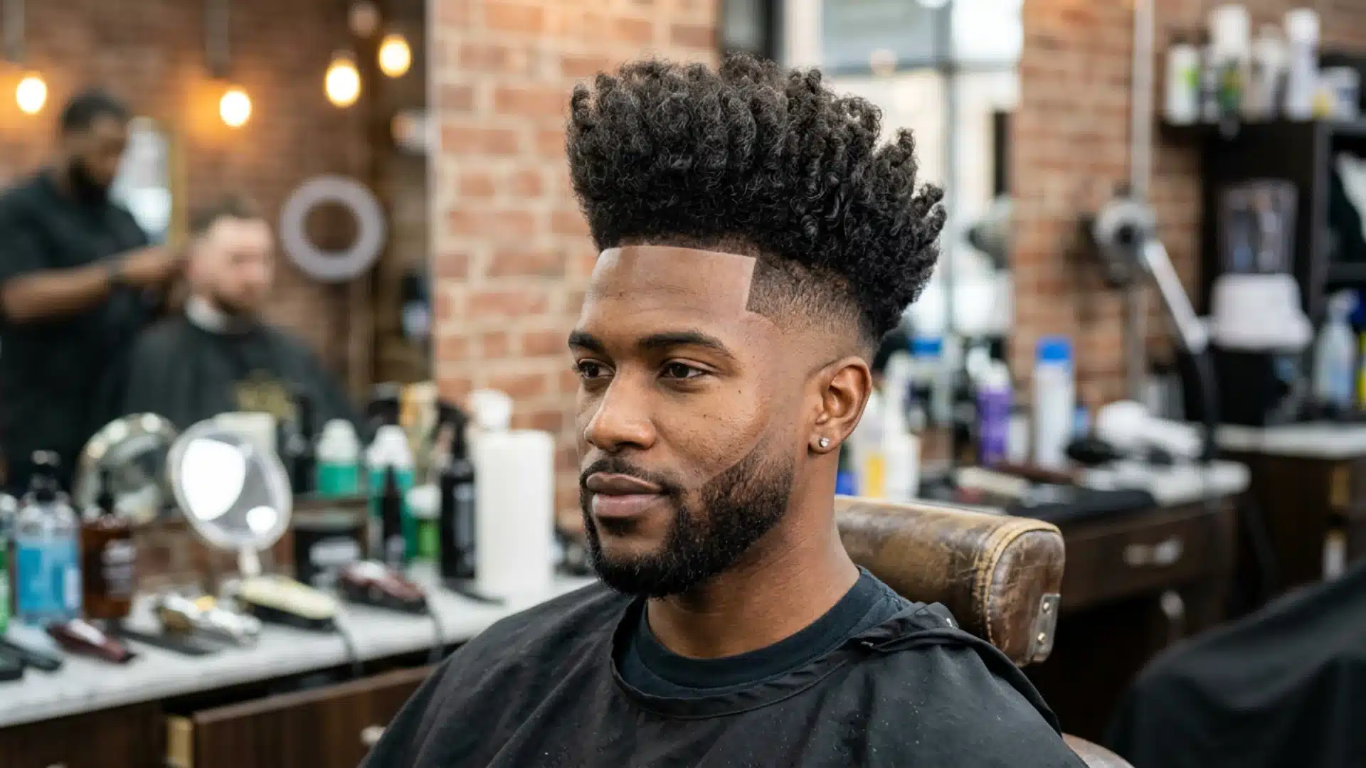 A black man with a high taper fade, sharp hairline, and voluminous curly top sits in a barbershop