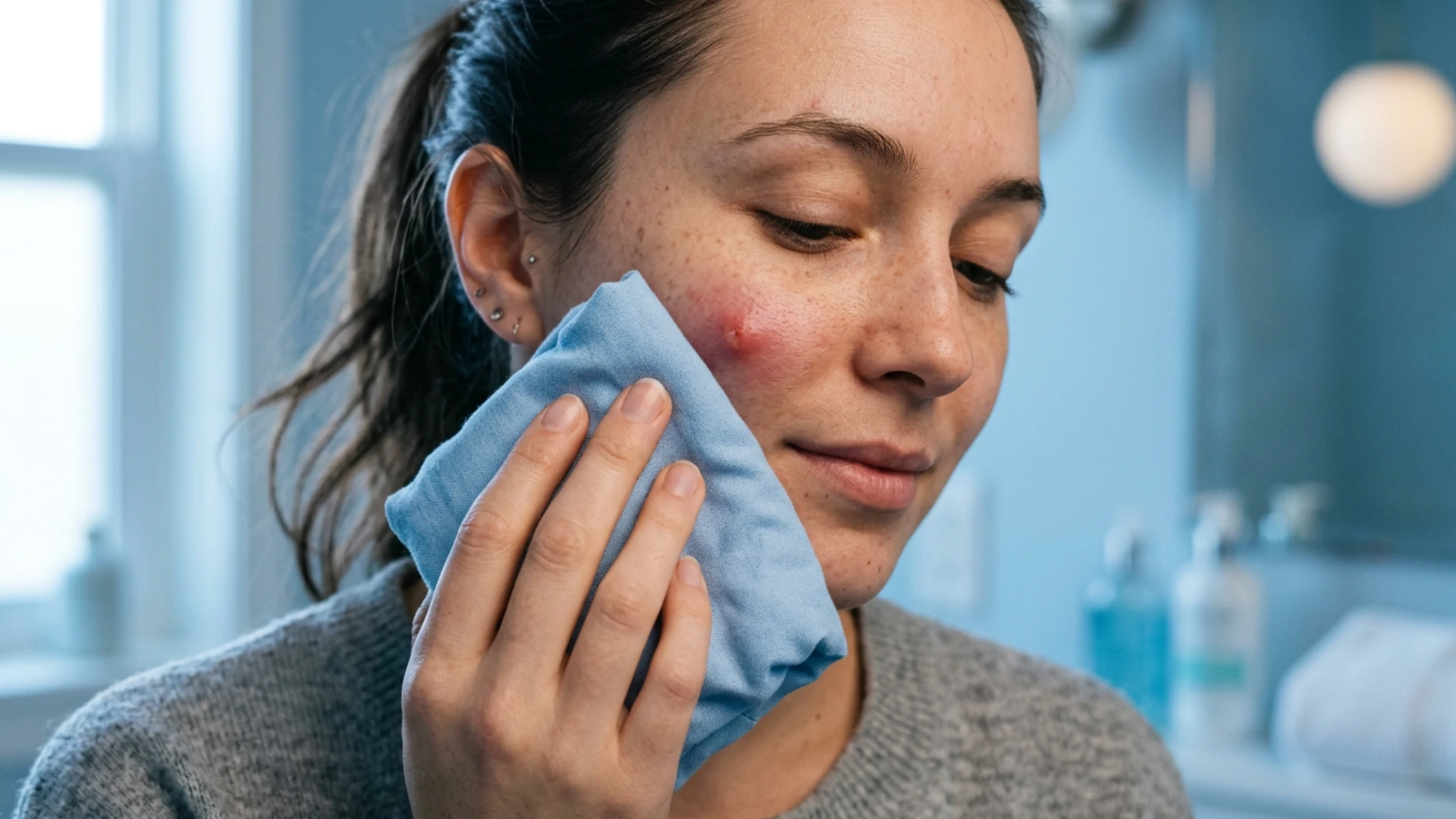A close-up of a young woman holding a blue compress to her cheek next to a large, inflamed pimple