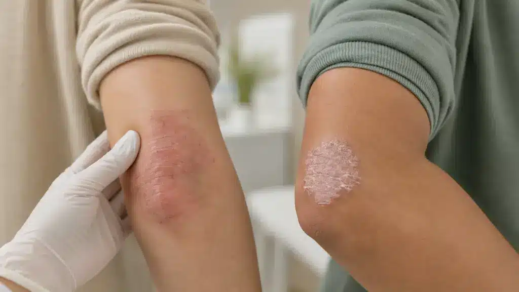a comparison between eczema and psoriasis with an image of an hand infected with the two