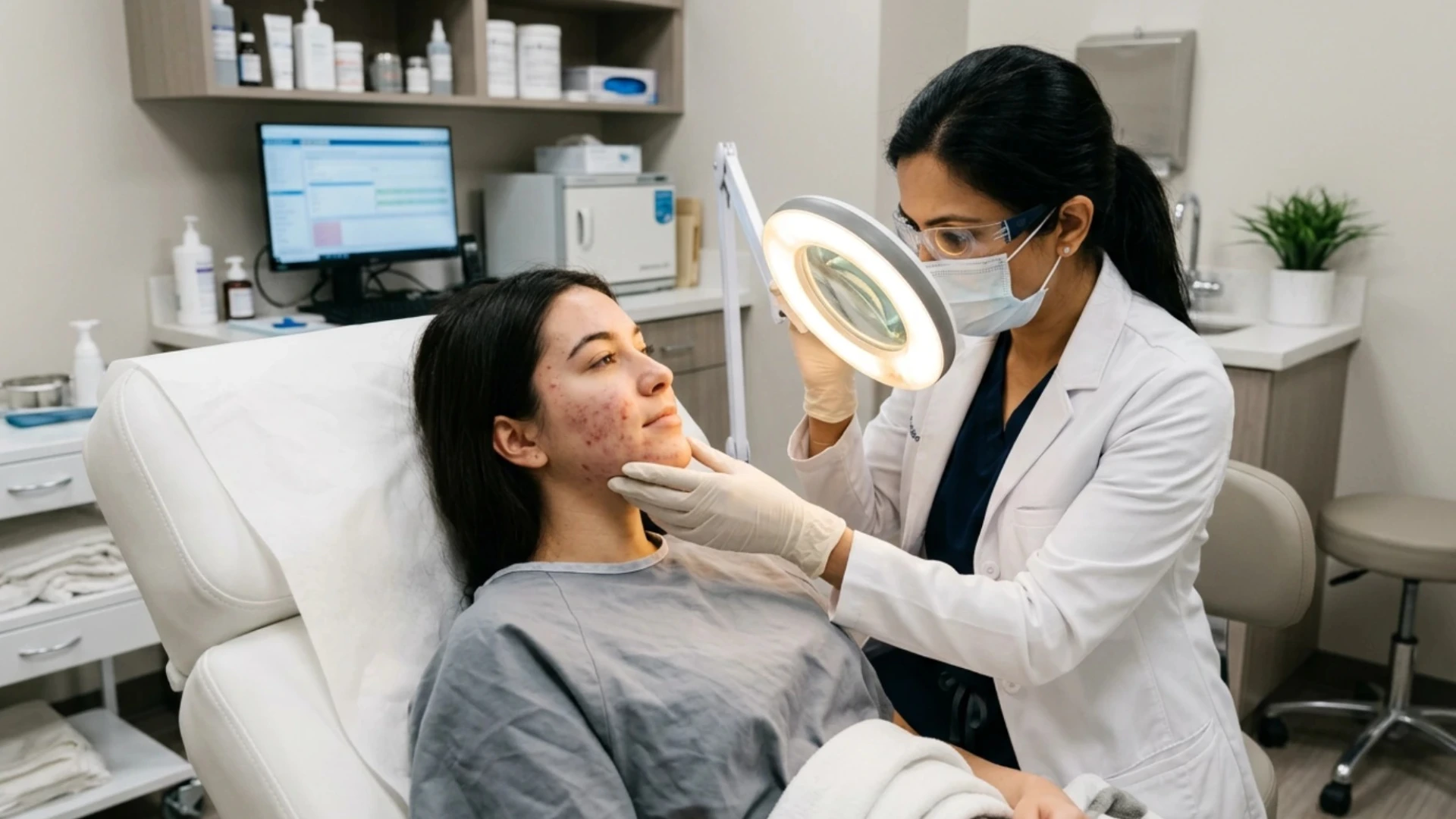 A dermatologist in a lab coat mask examines a patient's acne-prone face using a magnifying lamp in a medical clinic