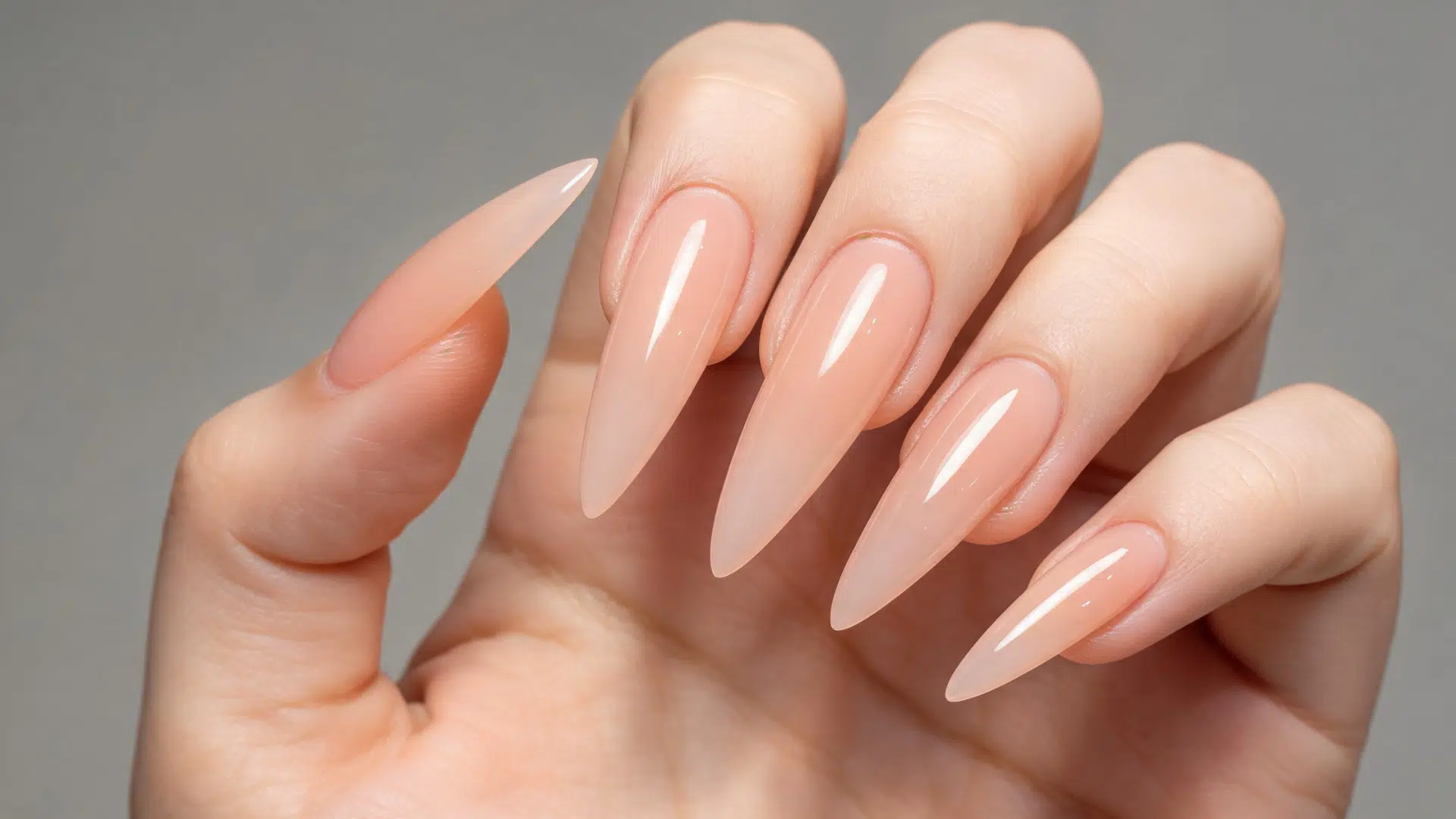 a hand with long, sharp stiletto nails in a translucent, glossy peach shade against a gray background