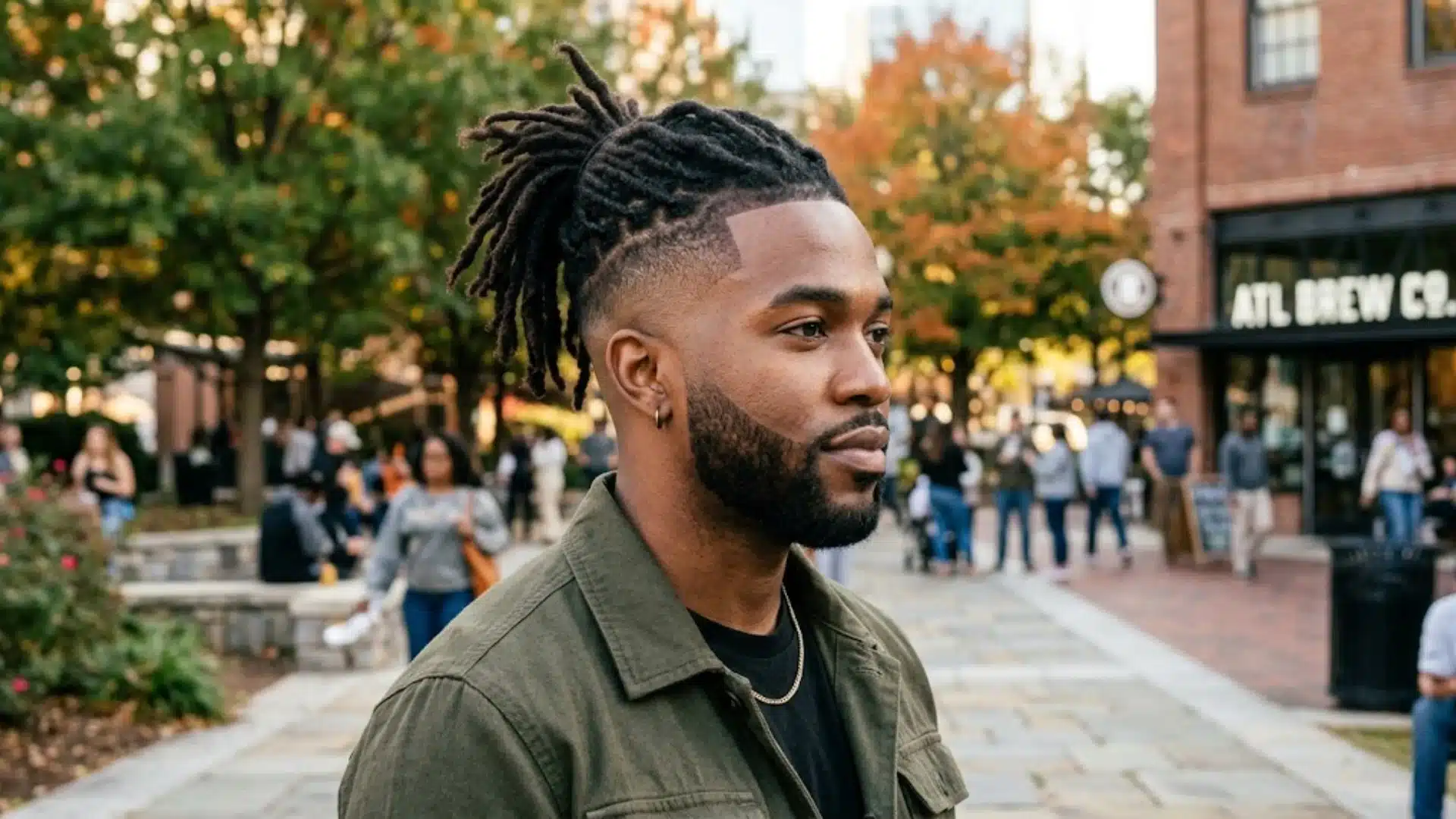 A man with locs and a taper fade stands in a busy urban park