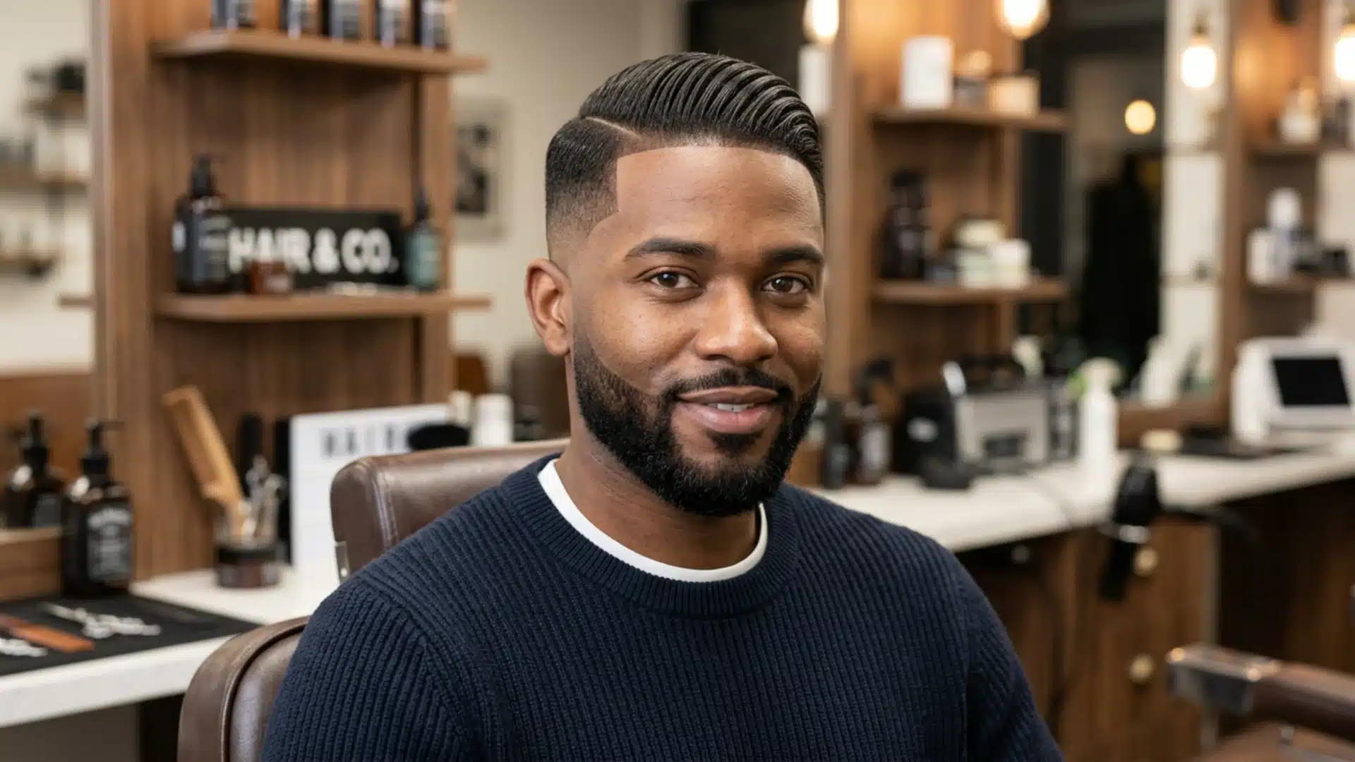 A professional portrait of a smiling Black man with a fresh haircut sitting inside a modern barbershop