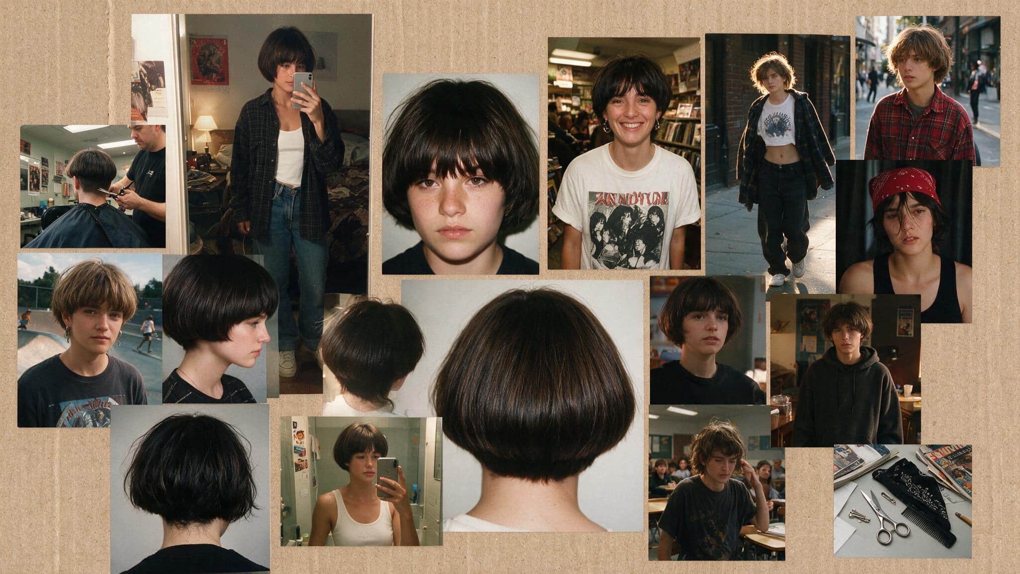 a realistic 90s hairstyle moodboard featuring a bowl cut with a rounded blunt shape short straight layers and a simple rebellious 90s inspired look multiple candid photos show classic bowl cuts softer textured versions skater inspired styles and slightly grown out variations the images include bedroom mirror selfies hairstylist haircut references street style photos and casual everyday looks the hair appears naturally imperfect with uneven edges soft flyaways grown out sections flattened areas from hats and realistic movement instead of a perfectly shaped haircut a flat lay shows a vintage bandana small snap clips comb hair scissors and old magazines placed on a slightly messy desk with everyday items nearby