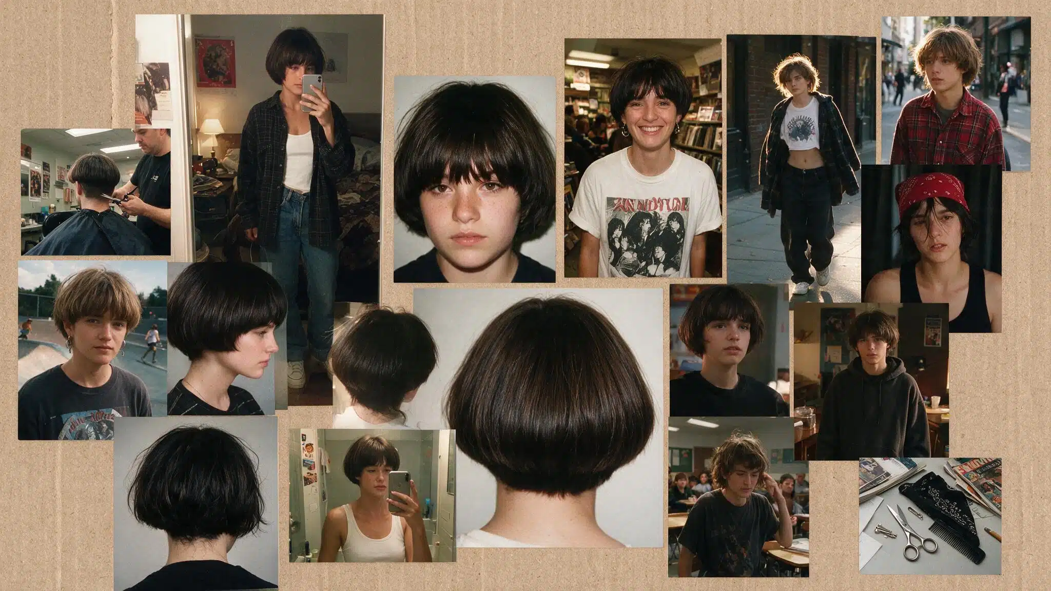 a realistic 90s hairstyle moodboard featuring a bowl cut with a rounded blunt shape short straight layers and a simple rebellious 90s inspired look multiple candid photos show classic bowl cuts softer textured versions skater inspired styles and slightly grown out variations the images include bedroom mirror selfies hairstylist haircut references street style photos and casual everyday looks the hair appears naturally imperfect with uneven edges soft flyaways grown out sections flattened areas from hats and realistic movement instead of a perfectly shaped haircut a flat lay shows a vintage bandana small snap clips comb hair scissors and old magazines placed on a slightly messy desk with everyday items nearby