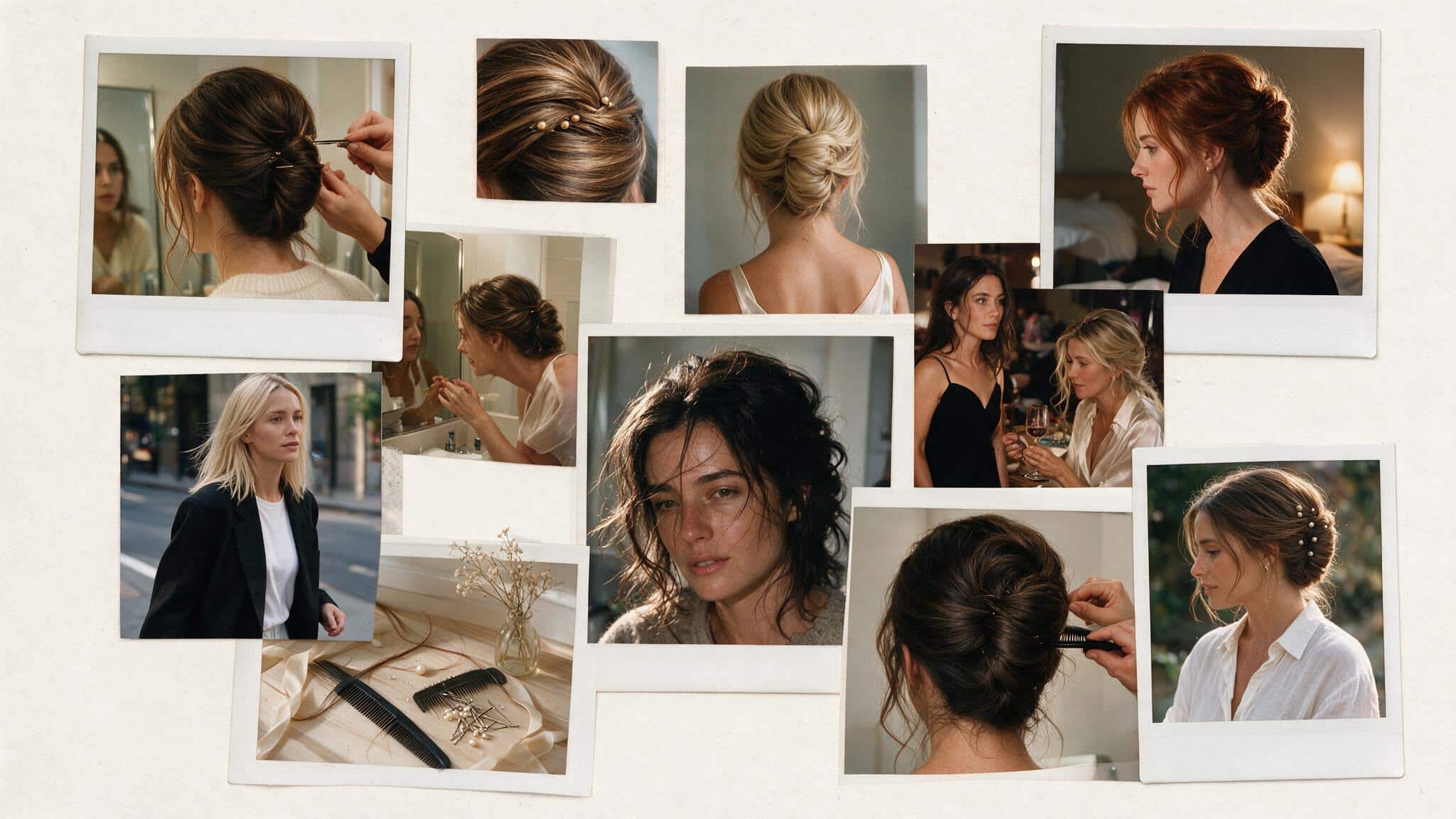 a realistic 90s hairstyle moodboard featuring a french twist with hair gathered upward from the nape into an elegant twisted updo with a soft effortless finish multiple candid photos show polished twists loose face framing pieces pearl pins and understated styling inspired by 90s red carpet and everyday elegance the images include hairstylist references bathroom mirror selfies event looks and casual elegant outfits the hair appears naturally imperfect with visible pins small flyaways uneven texture softened sections and a slightly relaxed shape after wear a flat lay shows pearl hair pins bobby pins silk ribbon fine tooth comb and vintage hair accessories placed on a slightly messy vanity with everyday items nearby