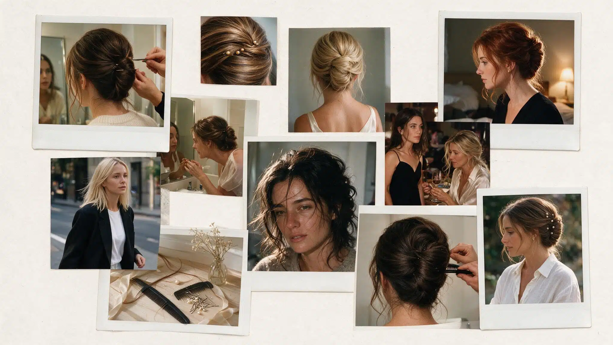 a realistic 90s hairstyle moodboard featuring a french twist with hair gathered upward from the nape into an elegant twisted updo with a soft effortless finish multiple candid photos show polished twists loose face framing pieces pearl pins and understated styling inspired by 90s red carpet and everyday elegance the images include hairstylist references bathroom mirror selfies event looks and casual elegant outfits the hair appears naturally imperfect with visible pins small flyaways uneven texture softened sections and a slightly relaxed shape after wear a flat lay shows pearl hair pins bobby pins silk ribbon fine tooth comb and vintage hair accessories placed on a slightly messy vanity with everyday items nearby